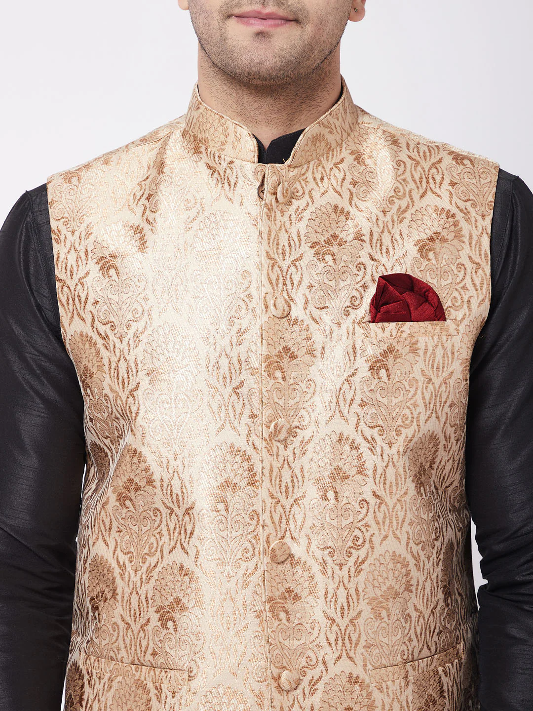 Men's Rose Gold Jacquard Jacket With Kurta Dhoti Set - Image 5