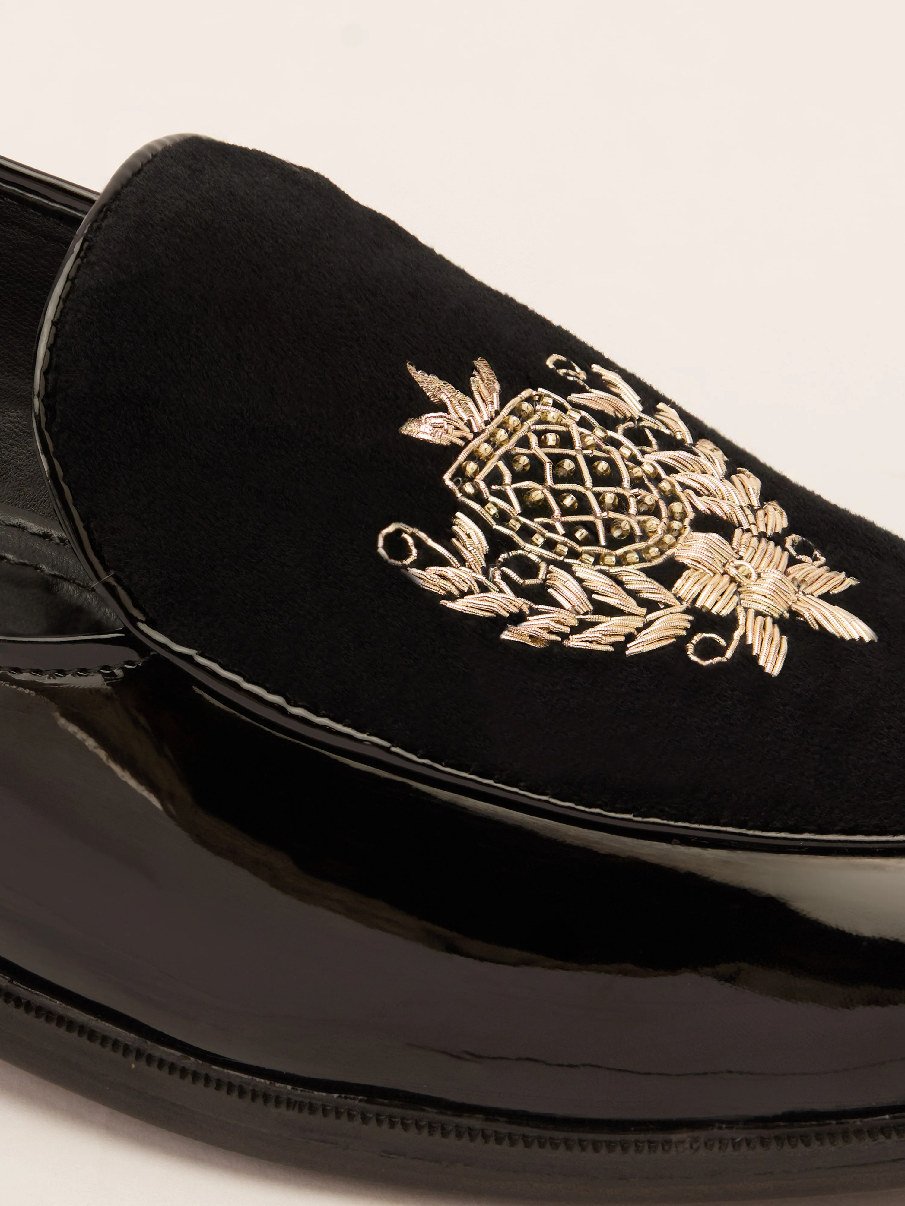 Men's Black Velvet-Patent Hybrid Loafer | Gold Zardozi Cross-Hatched Shield Crest | Golden Beads | Almond Toe | TPR Sole - Image 2
