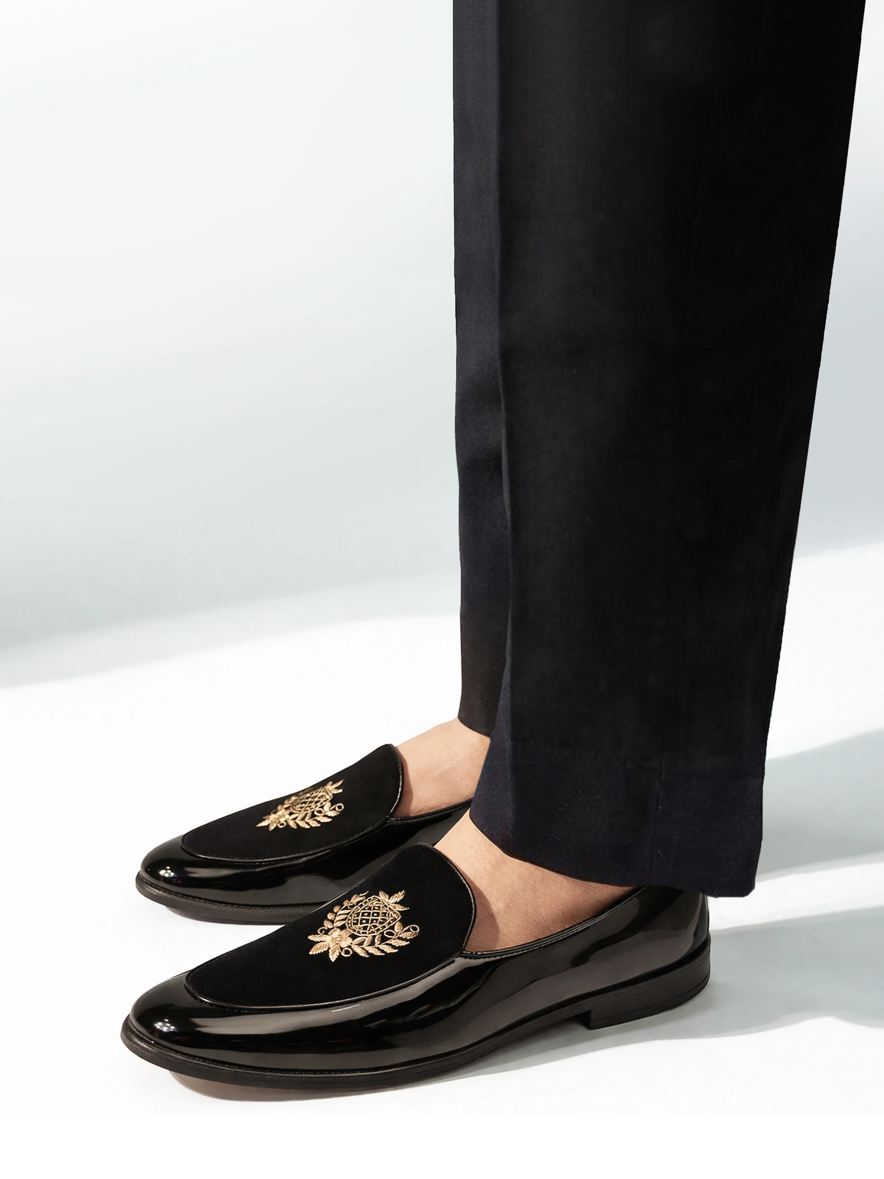 Men's Black Velvet-Patent Hybrid Loafer | Gold Zardozi Cross-Hatched Shield Crest | Golden Beads | Almond Toe | TPR Sole - Image 3