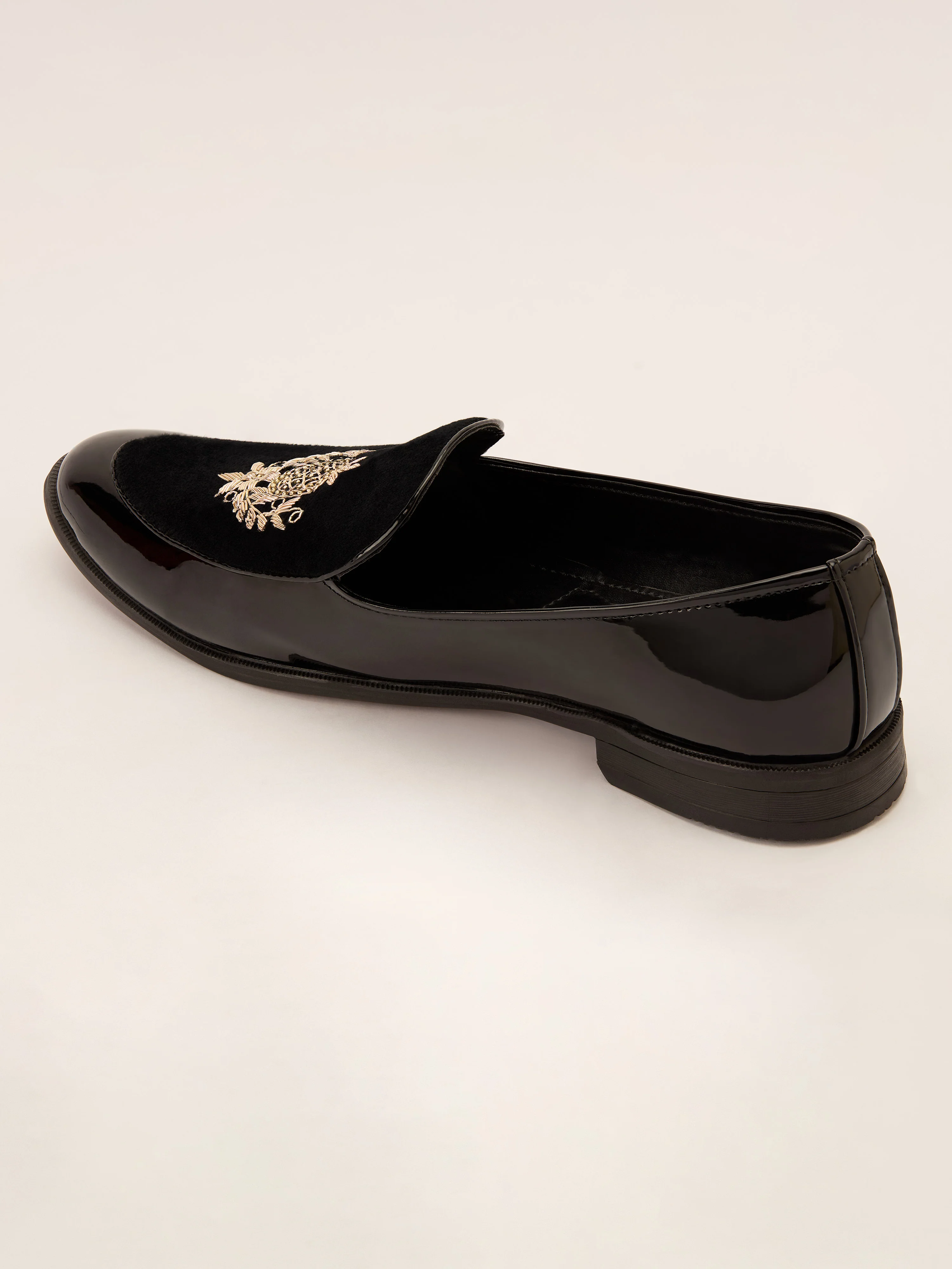 Men's Black Velvet-Patent Hybrid Loafer | Gold Zardozi Cross-Hatched Shield Crest | Golden Beads | Almond Toe | TPR Sole - Image 4