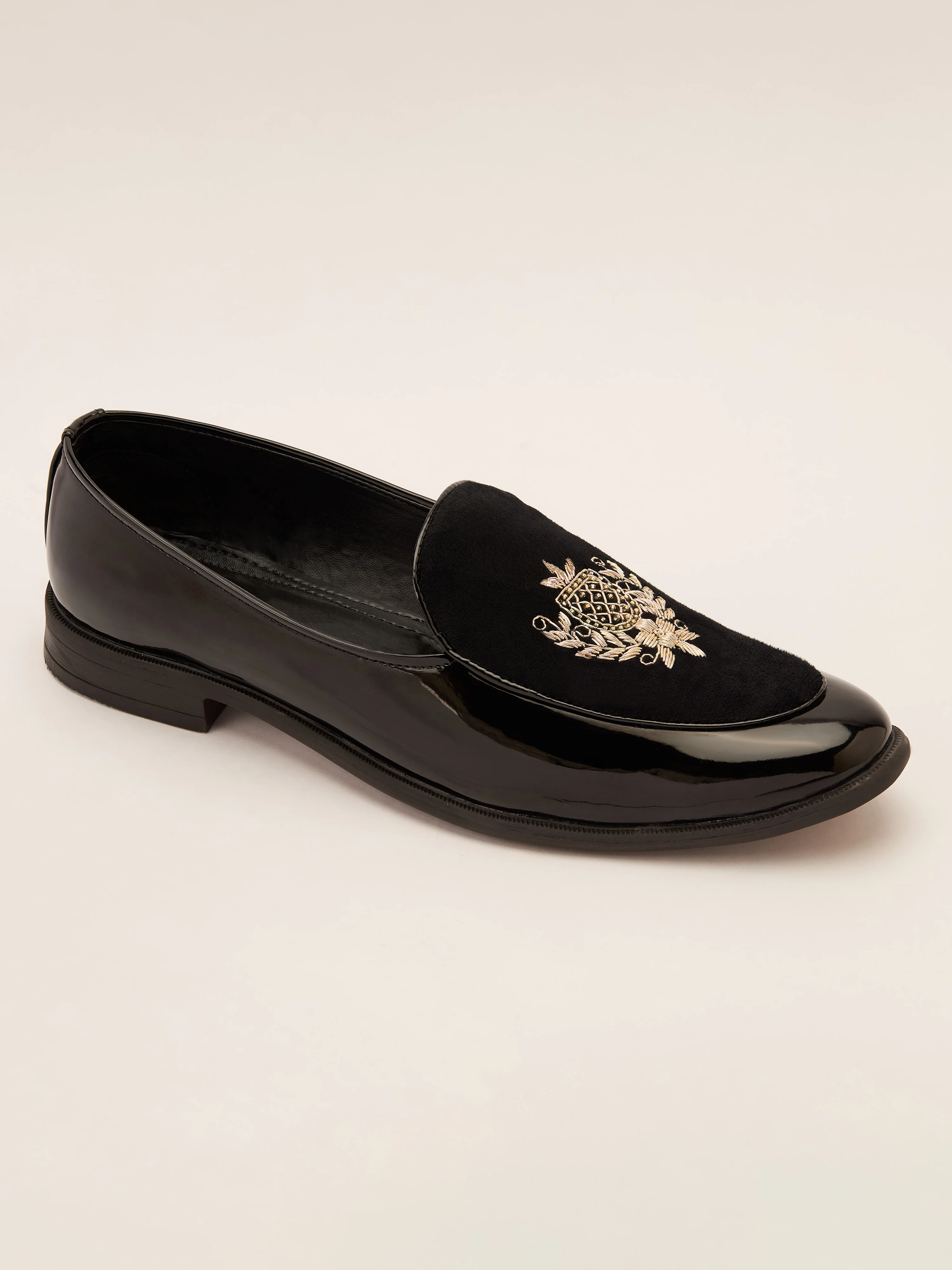 Men's Black Velvet-Patent Hybrid Loafer | Gold Zardozi Cross-Hatched Shield Crest | Golden Beads | Almond Toe | TPR Sole - Image 5