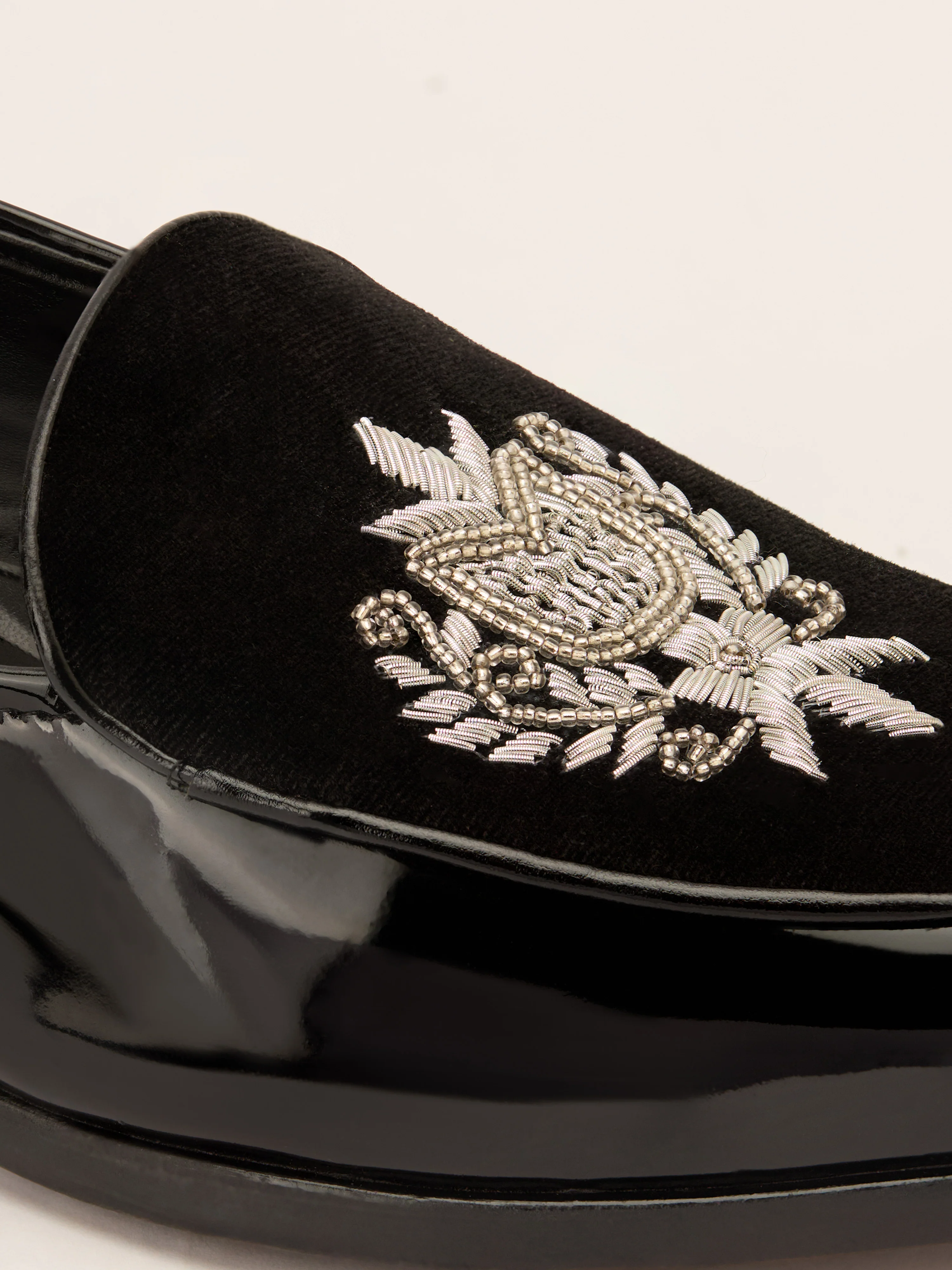 Men's Black Velvet-Patent Hybrid Loafer | Silver Zardozi Cross-Hatched Shield Crest | Artificial Beads | Almond Toe | TPR Sole - Image 2