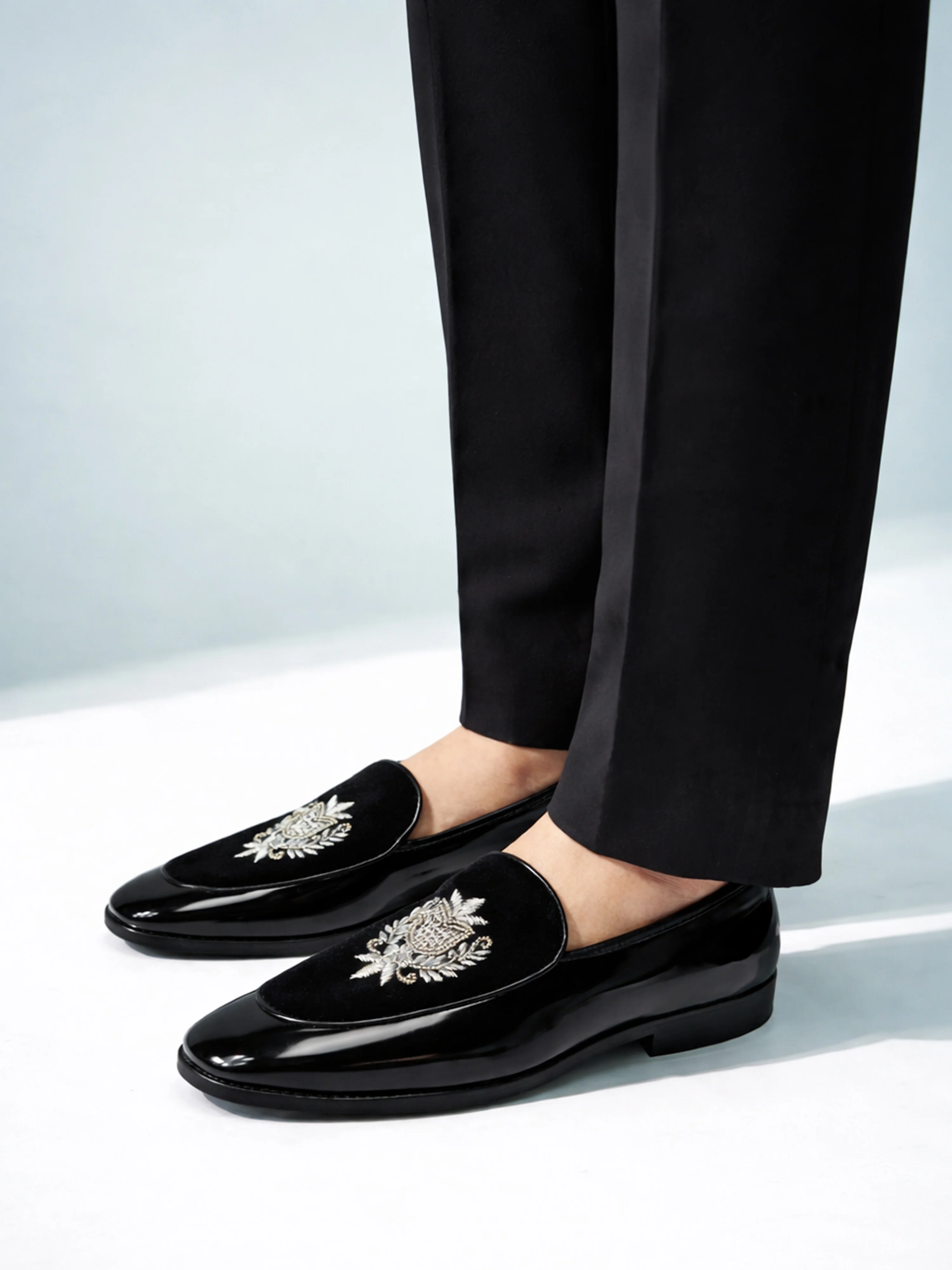 Men's Black Velvet-Patent Hybrid Loafer | Silver Zardozi Cross-Hatched Shield Crest | Artificial Beads | Almond Toe | TPR Sole - Image 3