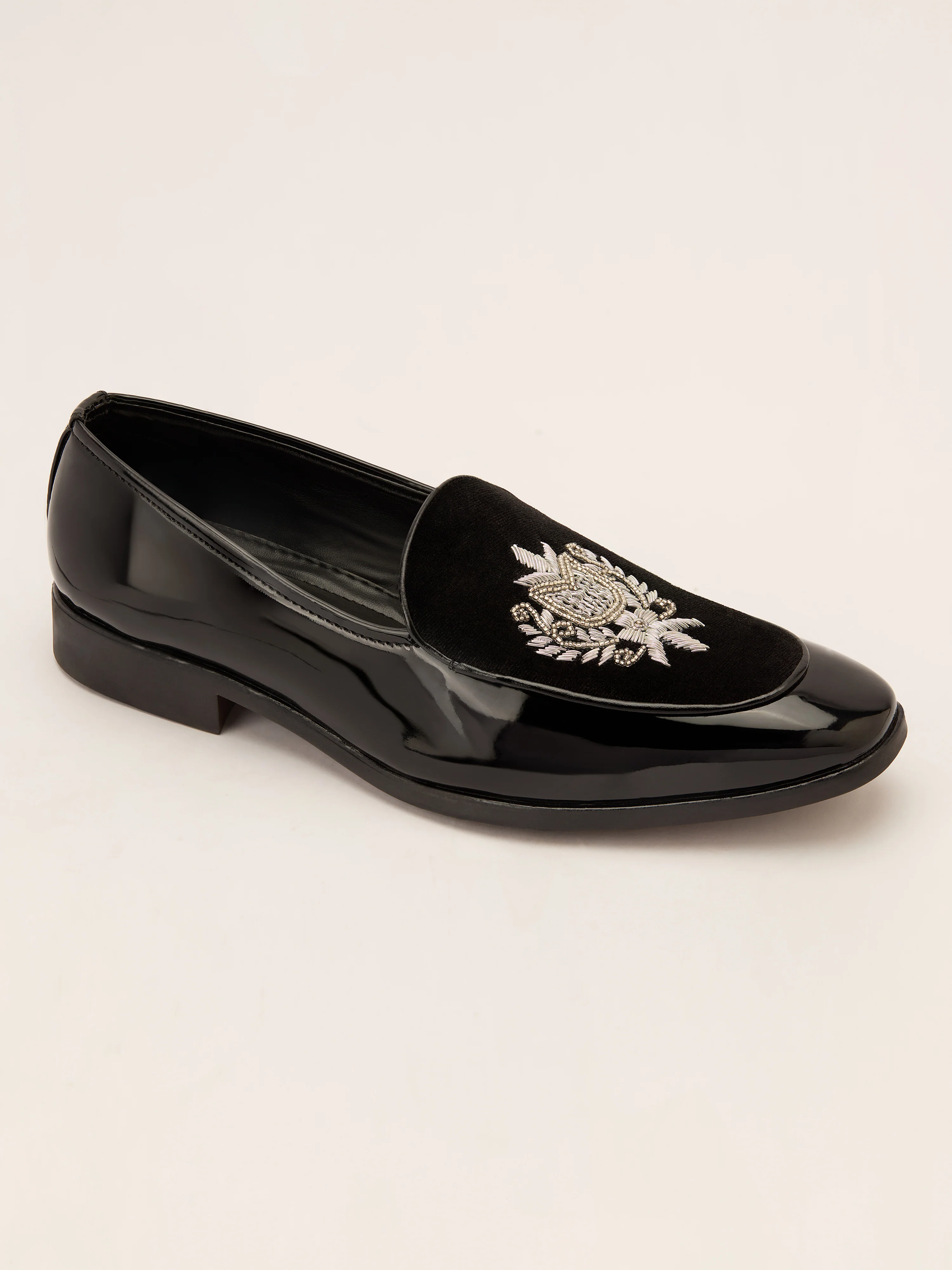 Men's Black Velvet-Patent Hybrid Loafer | Silver Zardozi Cross-Hatched Shield Crest | Artificial Beads | Almond Toe | TPR Sole - Image 4