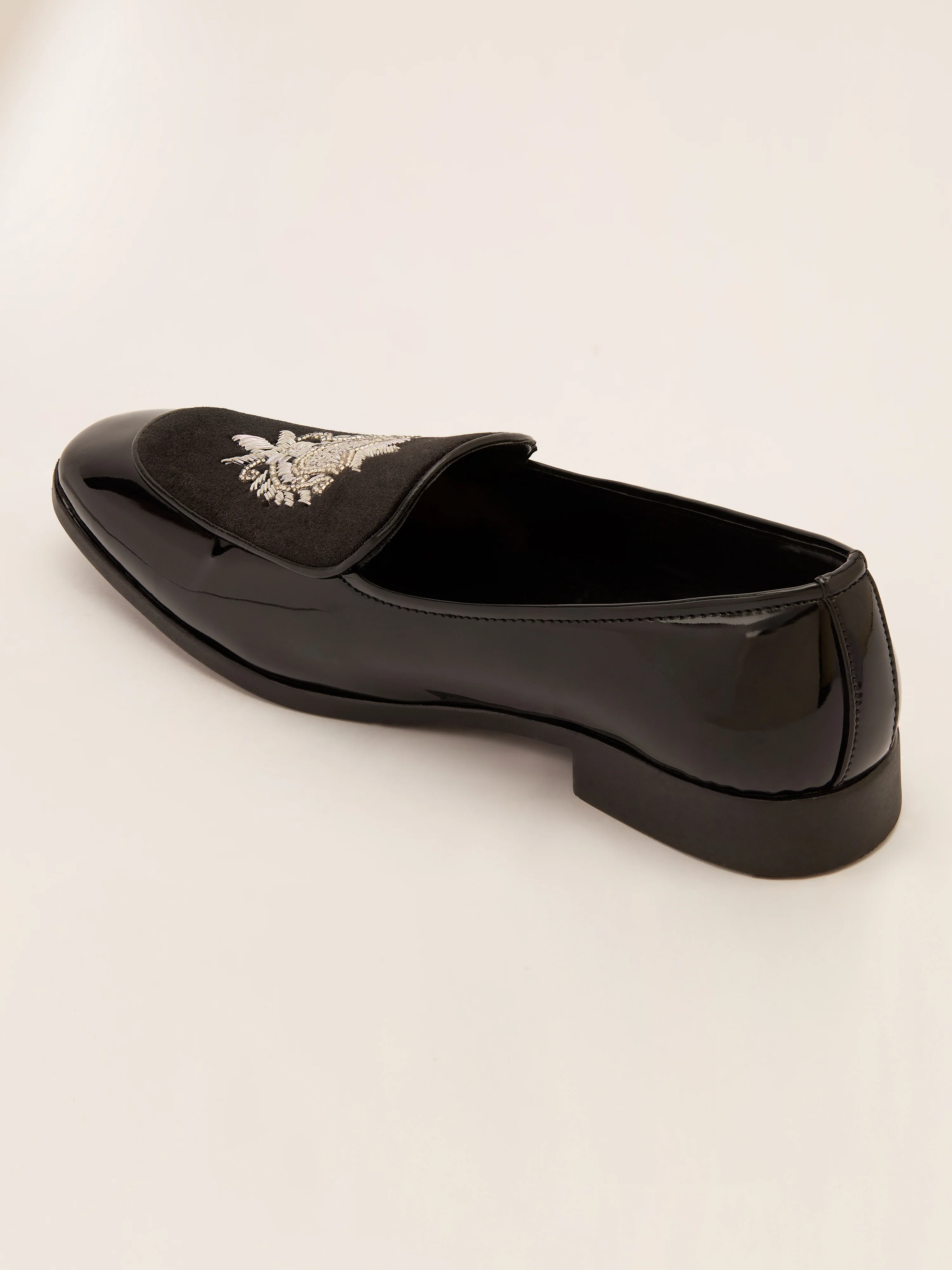 Men's Black Velvet-Patent Hybrid Loafer | Silver Zardozi Cross-Hatched Shield Crest | Artificial Beads | Almond Toe | TPR Sole - Image 5