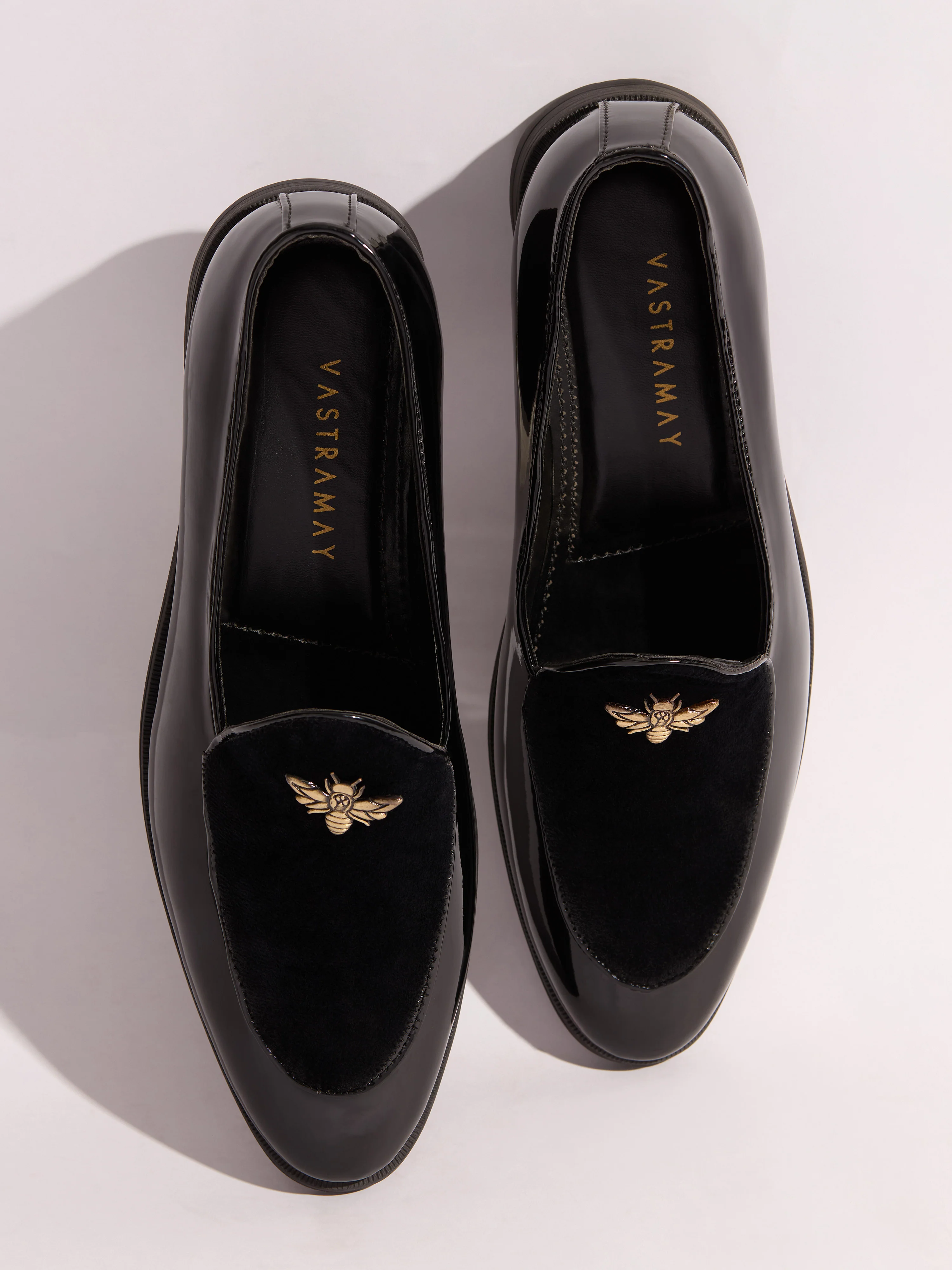 Men's Black Velvet-Patent Loafer | Antiqued Brass Honeybee Charm | High-Gloss Patent Sides | Almond Toe | TPR Sole | All Season