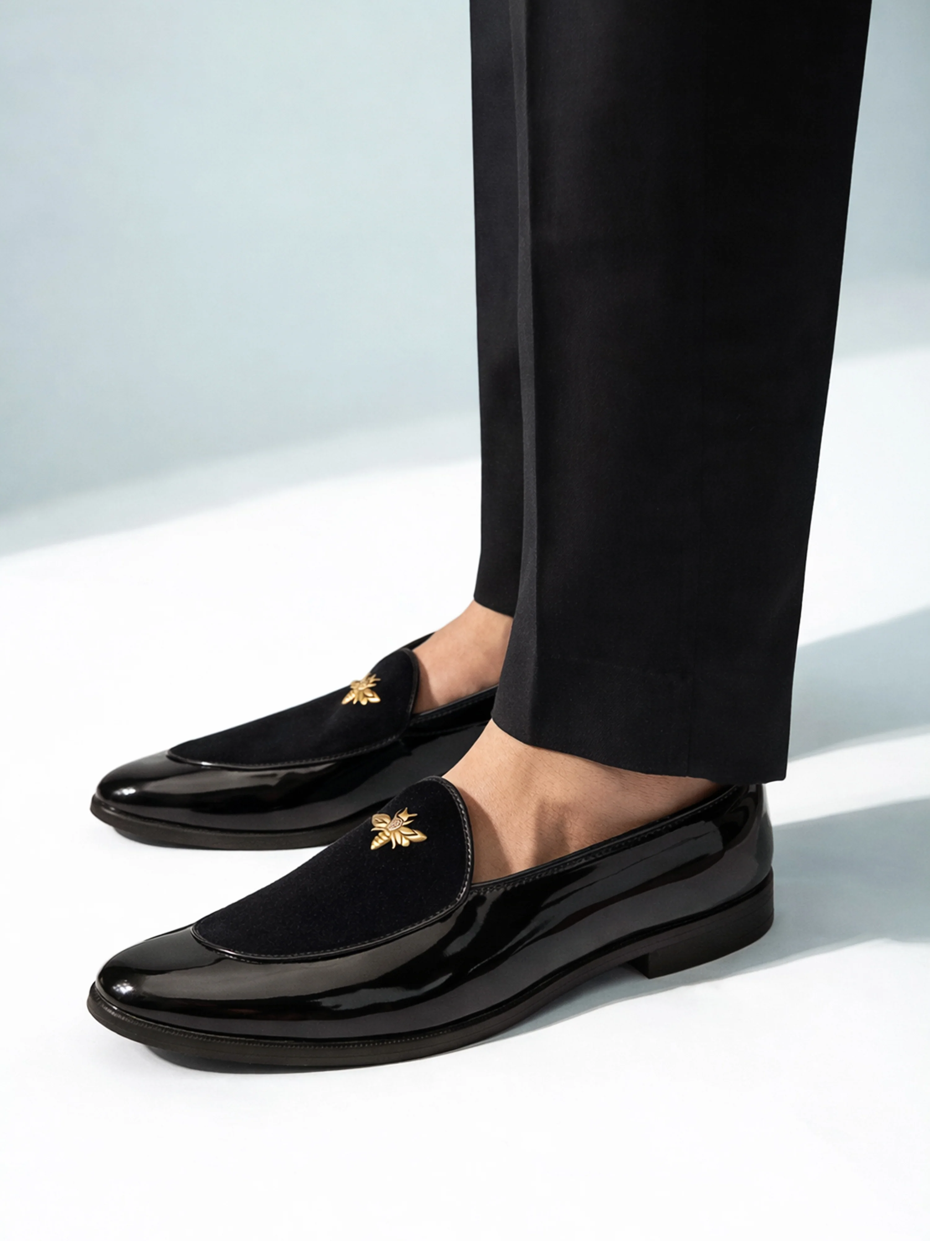 Men's Black Velvet-Patent Loafer | Antiqued Brass Honeybee Charm | High-Gloss Patent Sides | Almond Toe | TPR Sole | All Season - Image 3