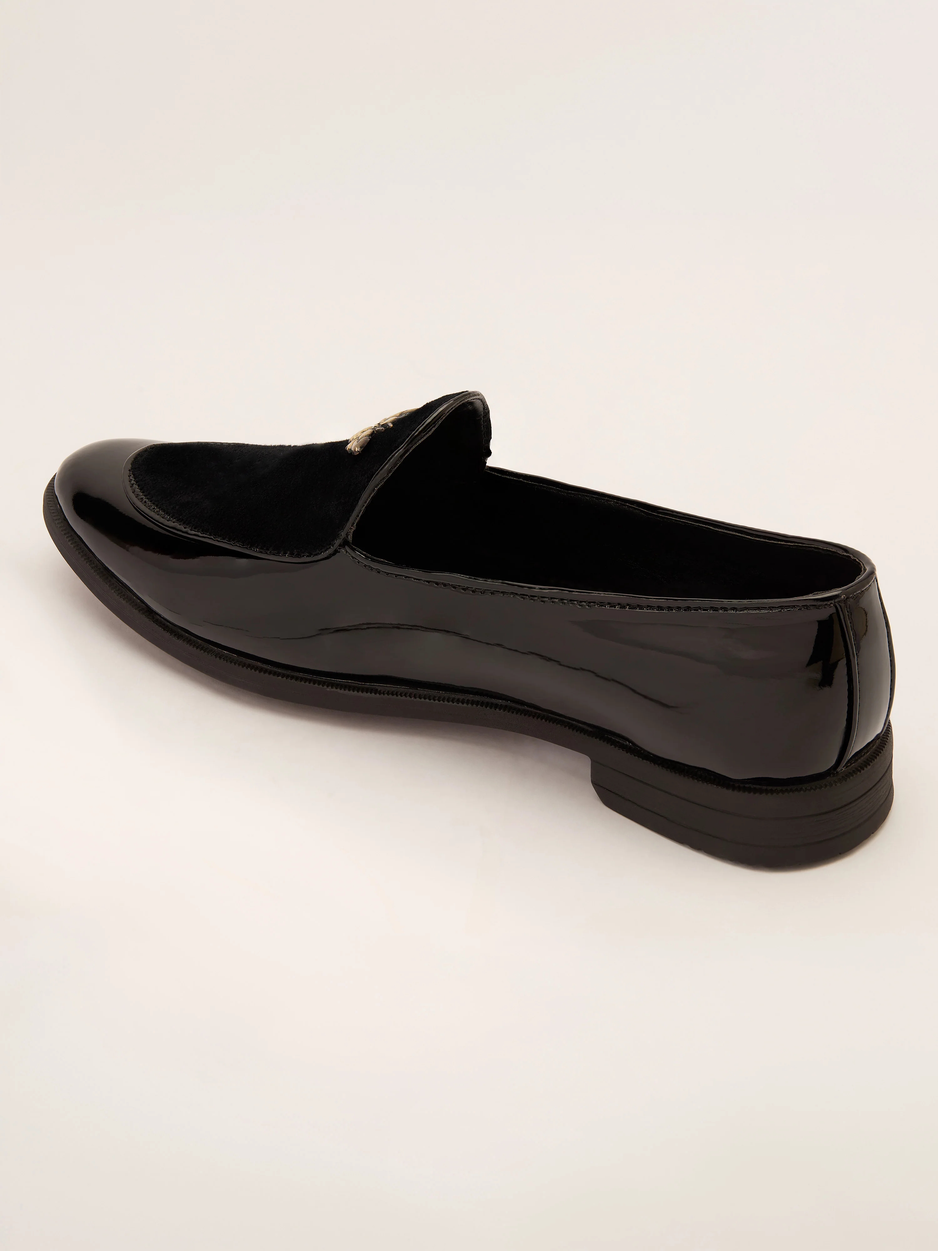 Men's Black Velvet-Patent Loafer | Antiqued Brass Honeybee Charm | High-Gloss Patent Sides | Almond Toe | TPR Sole | All Season - Image 4