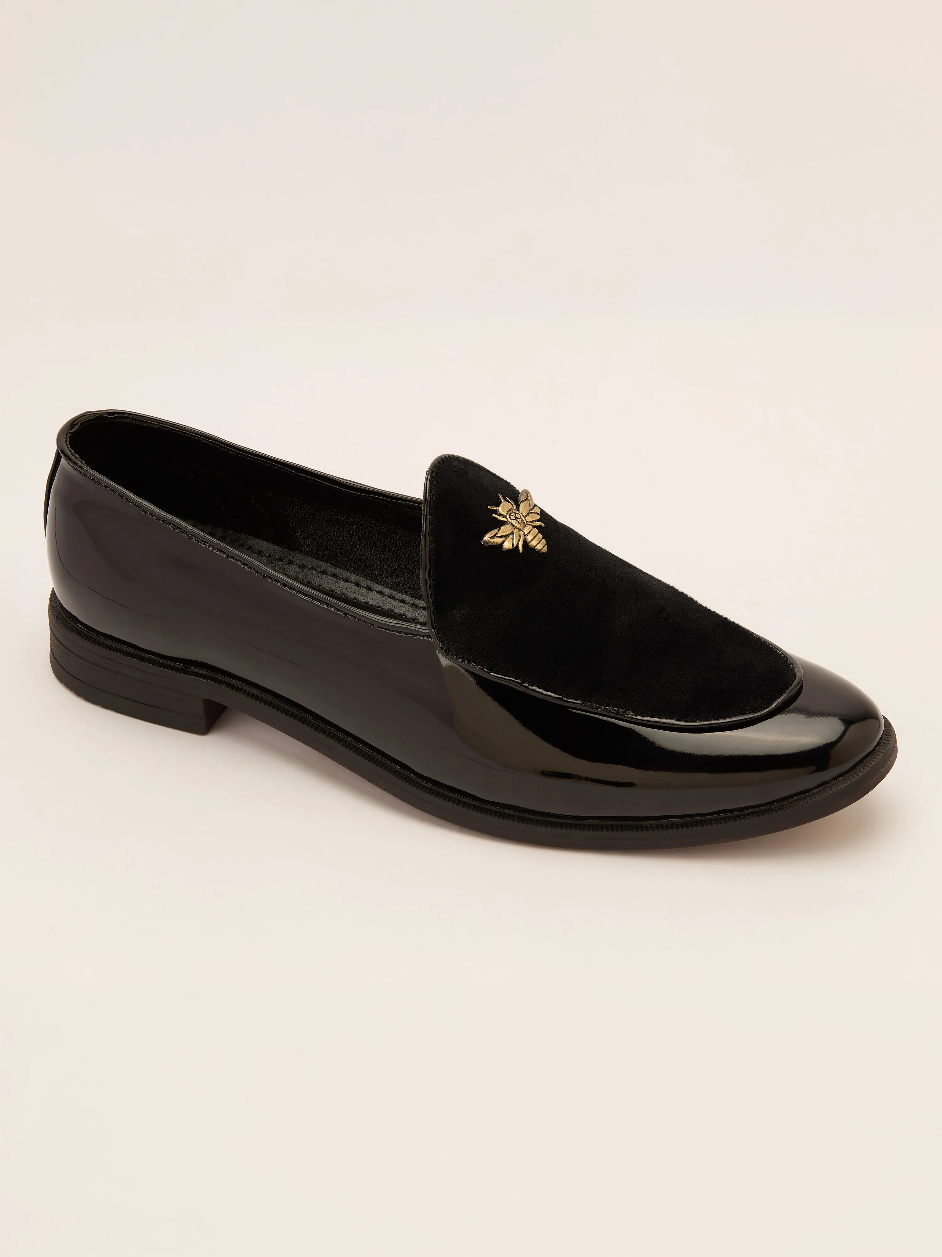 Men's Black Velvet-Patent Loafer | Antiqued Brass Honeybee Charm | High-Gloss Patent Sides | Almond Toe | TPR Sole | All Season - Image 5