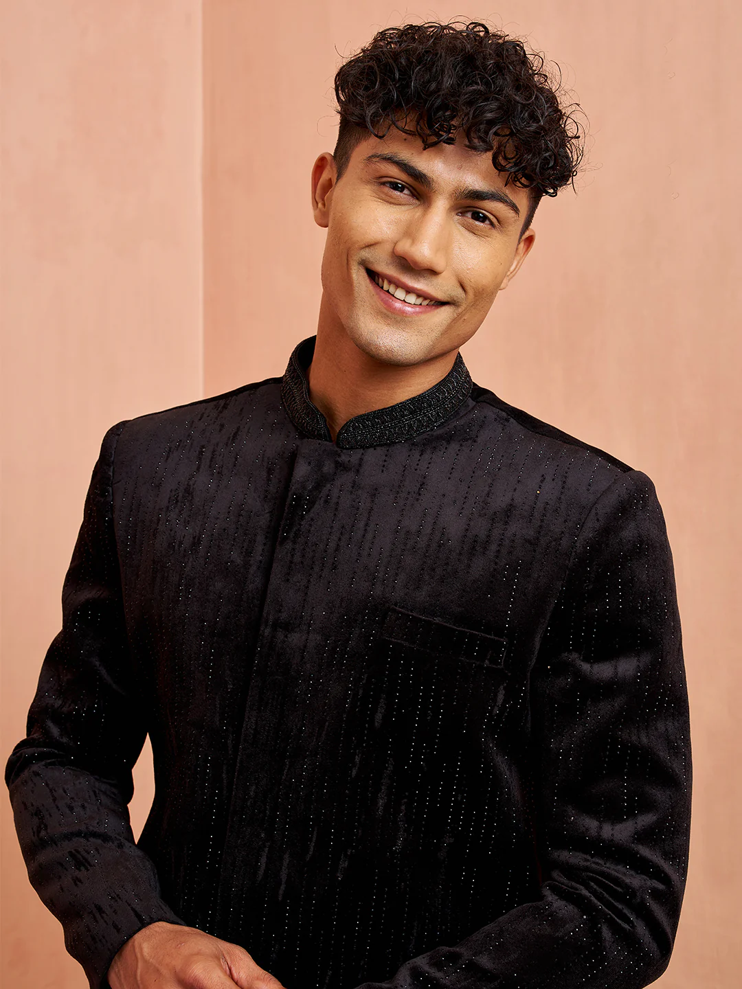 Mens Black Velvet Sherwani with Palazzo Set - Image 2