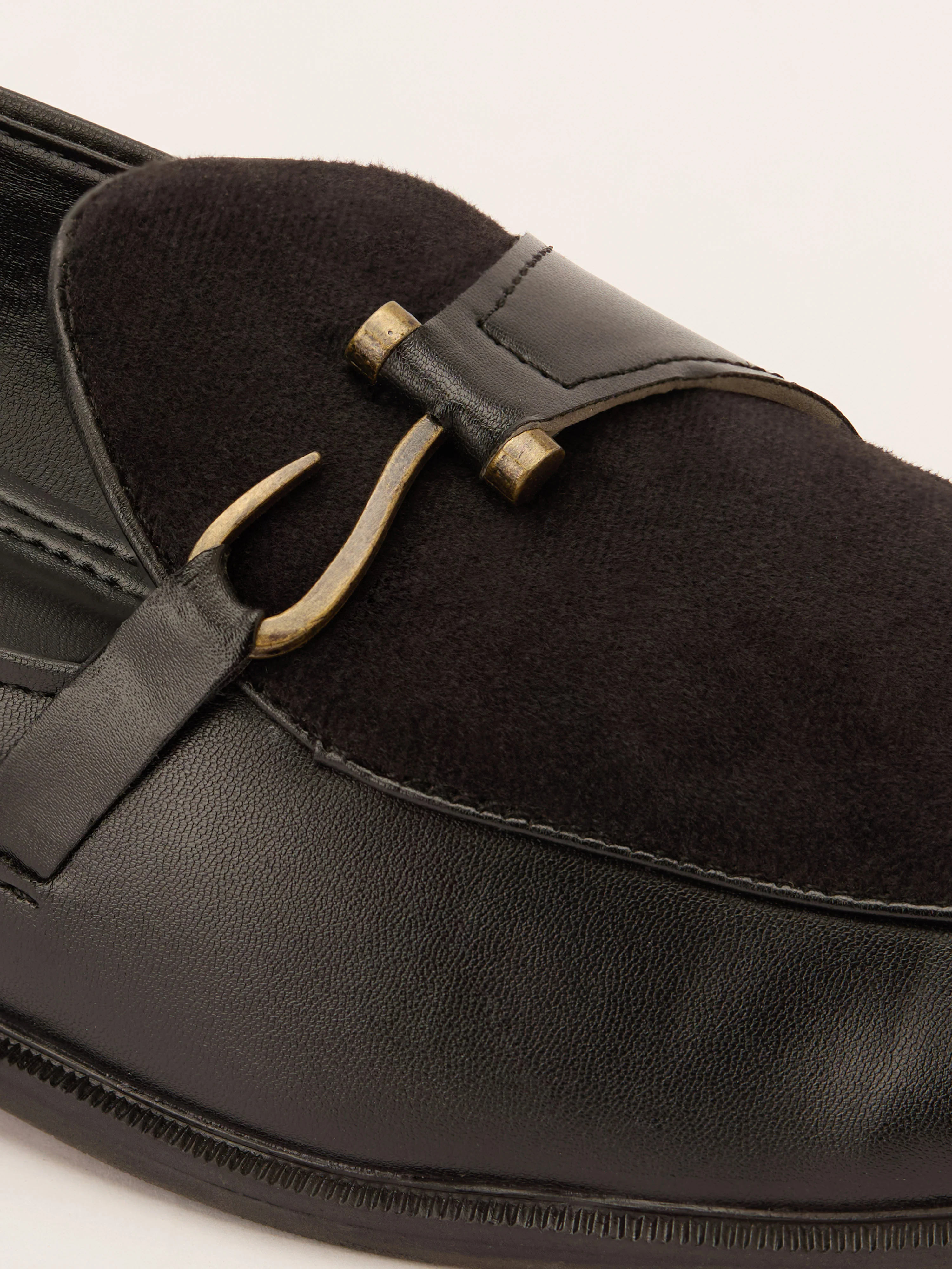Men's Black Velvet-Suede Inlay Buckle Loafer | Brass-Toned Metallic Strap | Almond Toe | TPR Sole | All Season - Image 2