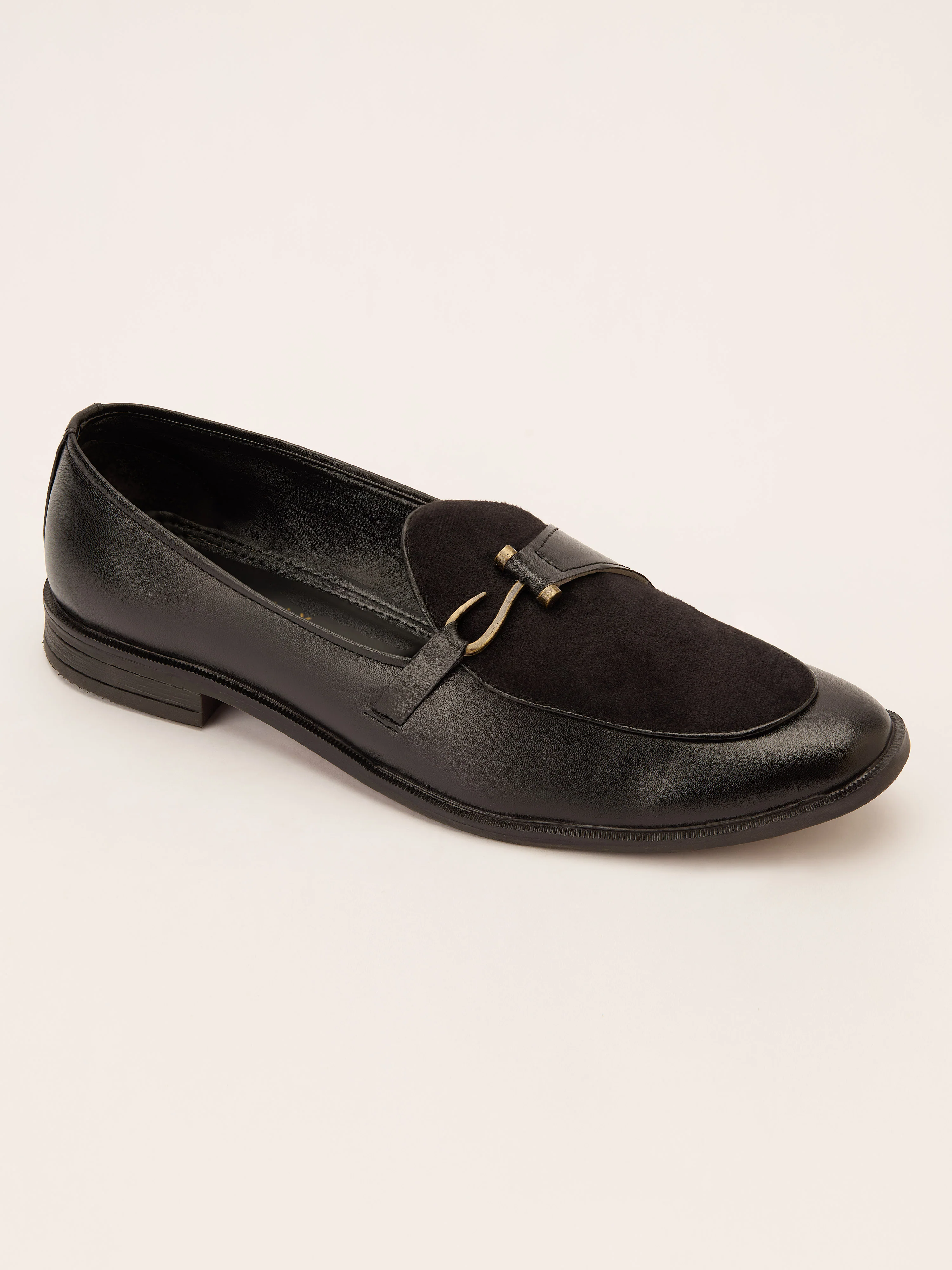 Men's Black Velvet-Suede Inlay Buckle Loafer | Brass-Toned Metallic Strap | Almond Toe | TPR Sole | All Season - Image 5