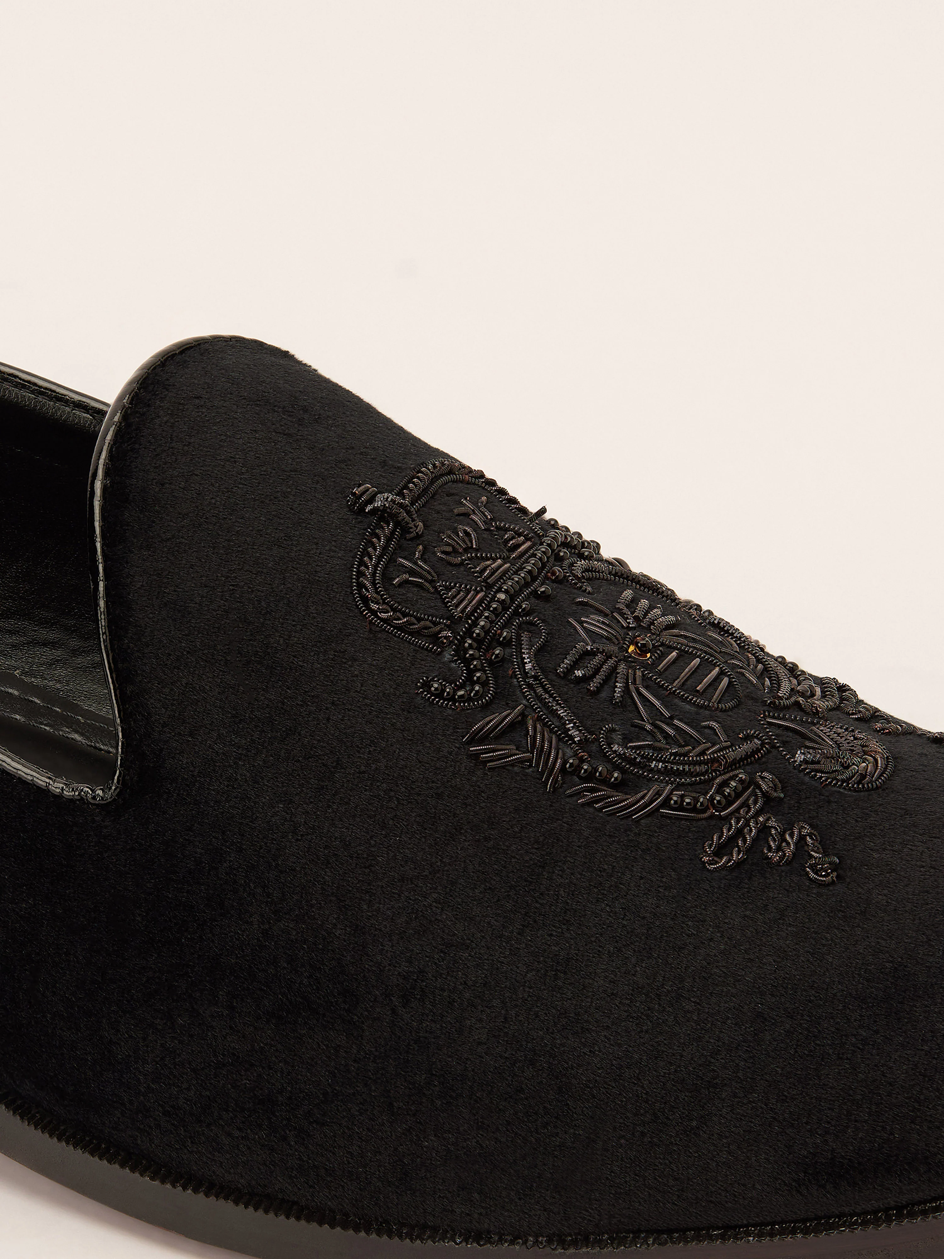 Men's Black Velvet Zardozi Embroidered Loafer | Crown & Crest Motif | Black Beads | TPR Sole - Image 2