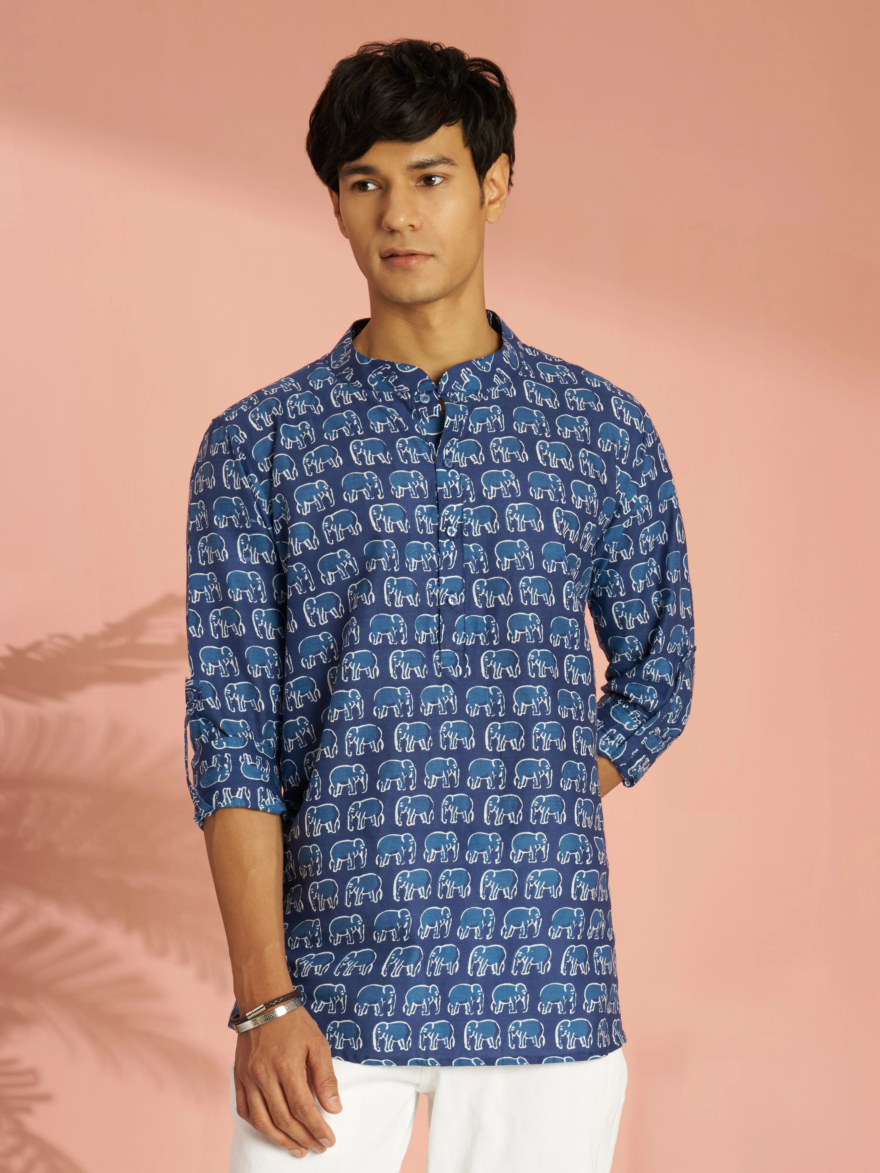 Men's Blue Animal Print Cotton Short Kurta - Image 3