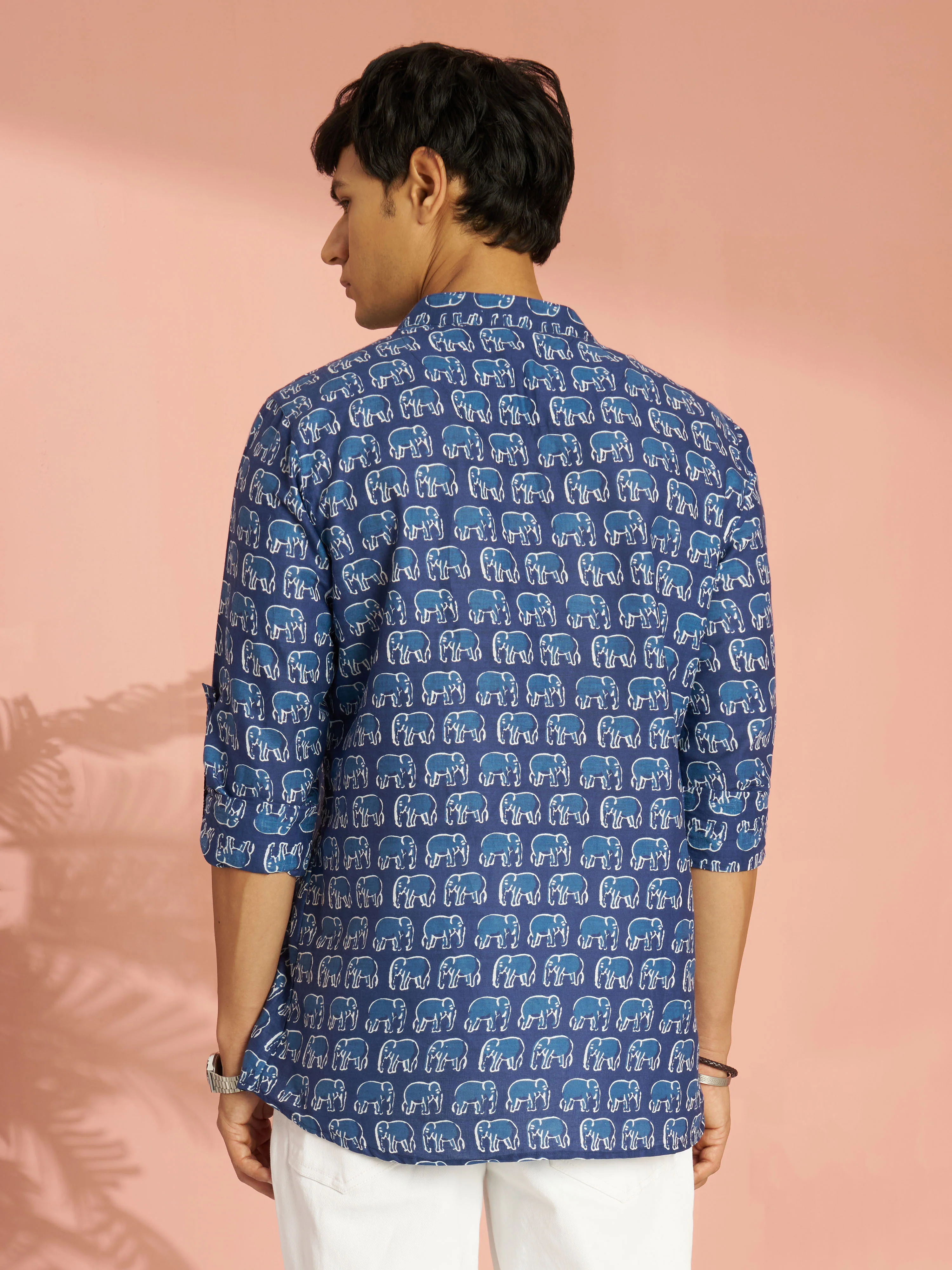 Men's Blue Animal Print Cotton Short Kurta - Image 5