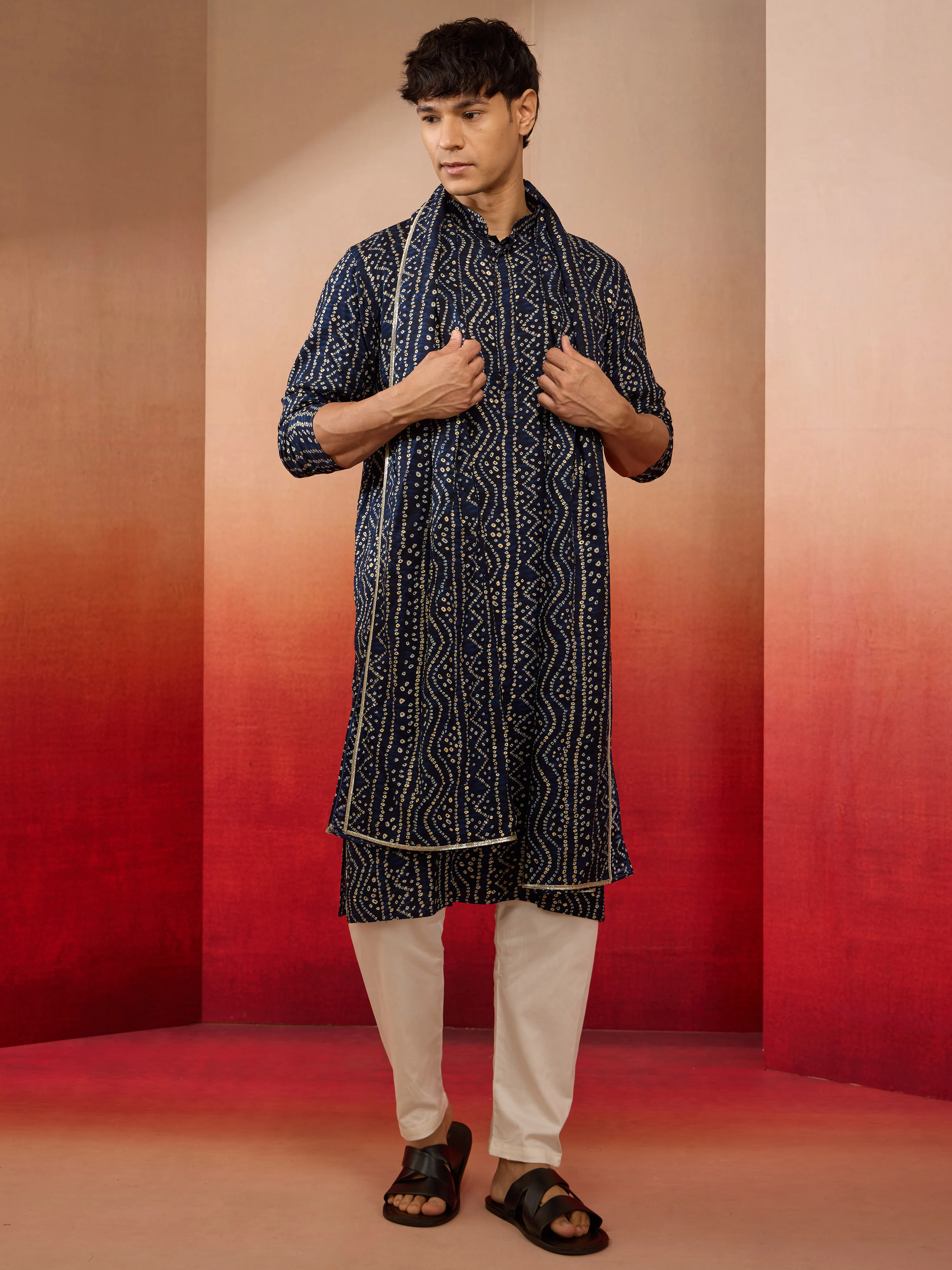 Mens Blue Bandhani Kurta Set with Cream Pant and Dupatta - Image 3