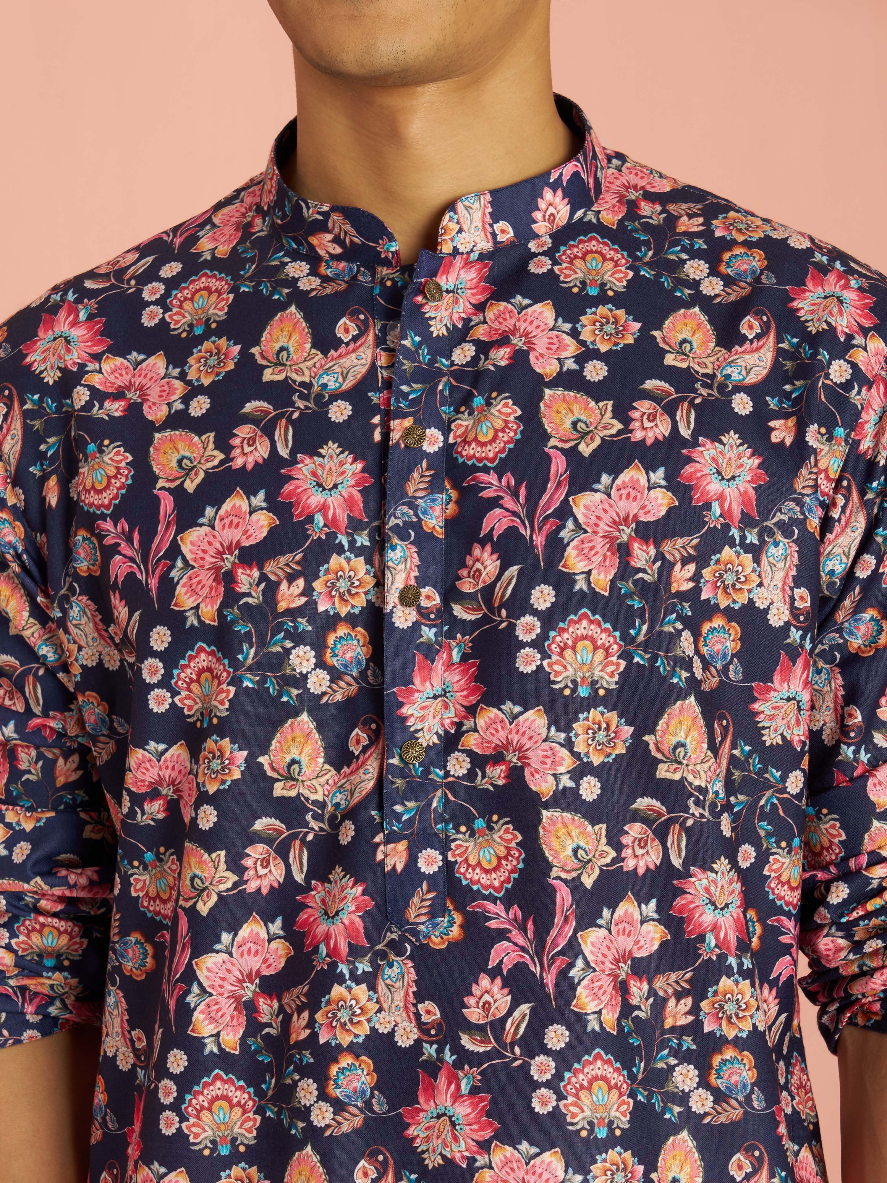 Men's Blue Cotton Blend Floral Digital Print Kurta with Cream Aligarh Pyjama Set - Image 2