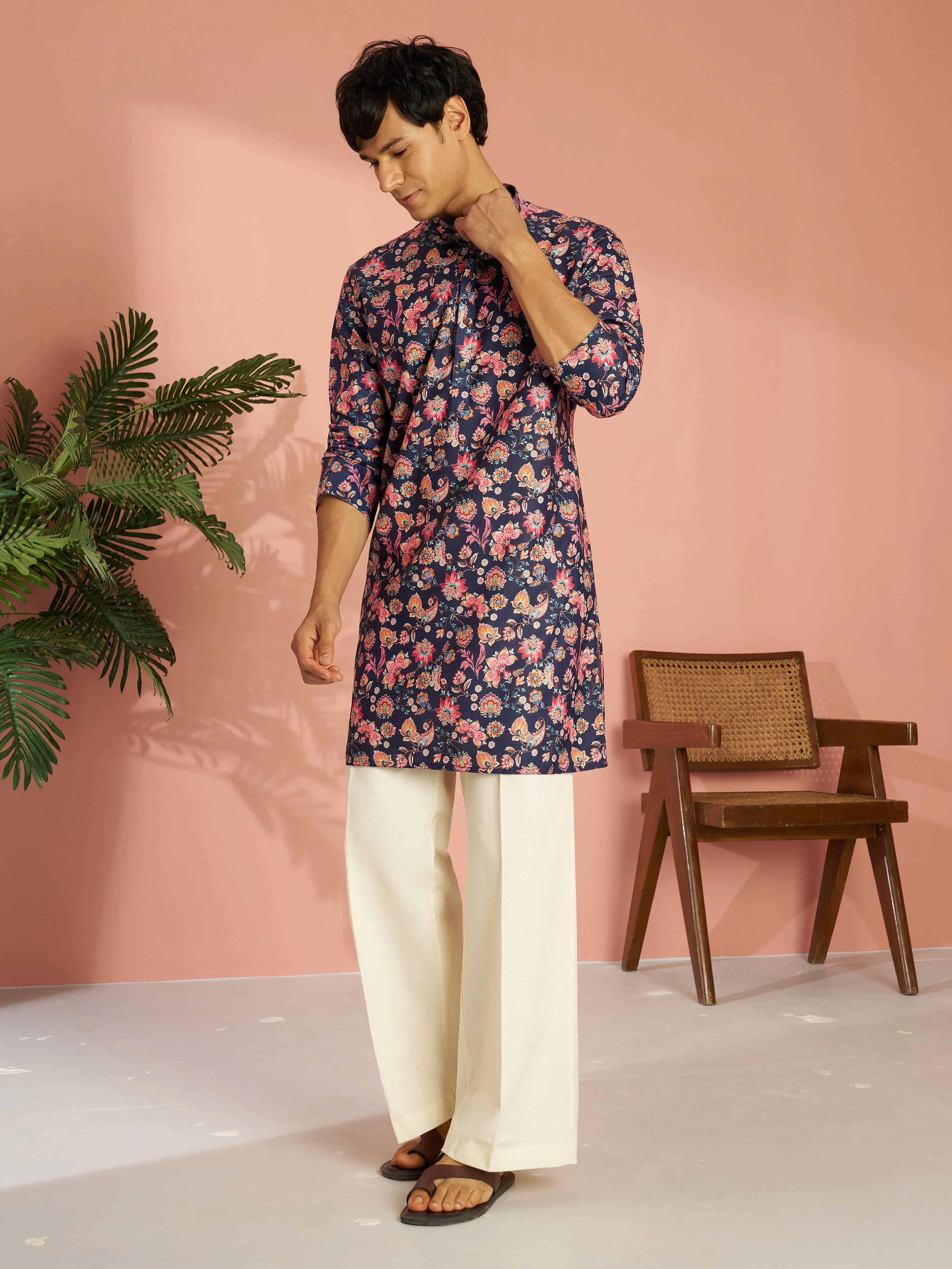 Men's Blue Cotton Blend Floral Digital Print Kurta with Cream Wide Leg Pant Set - Image 3