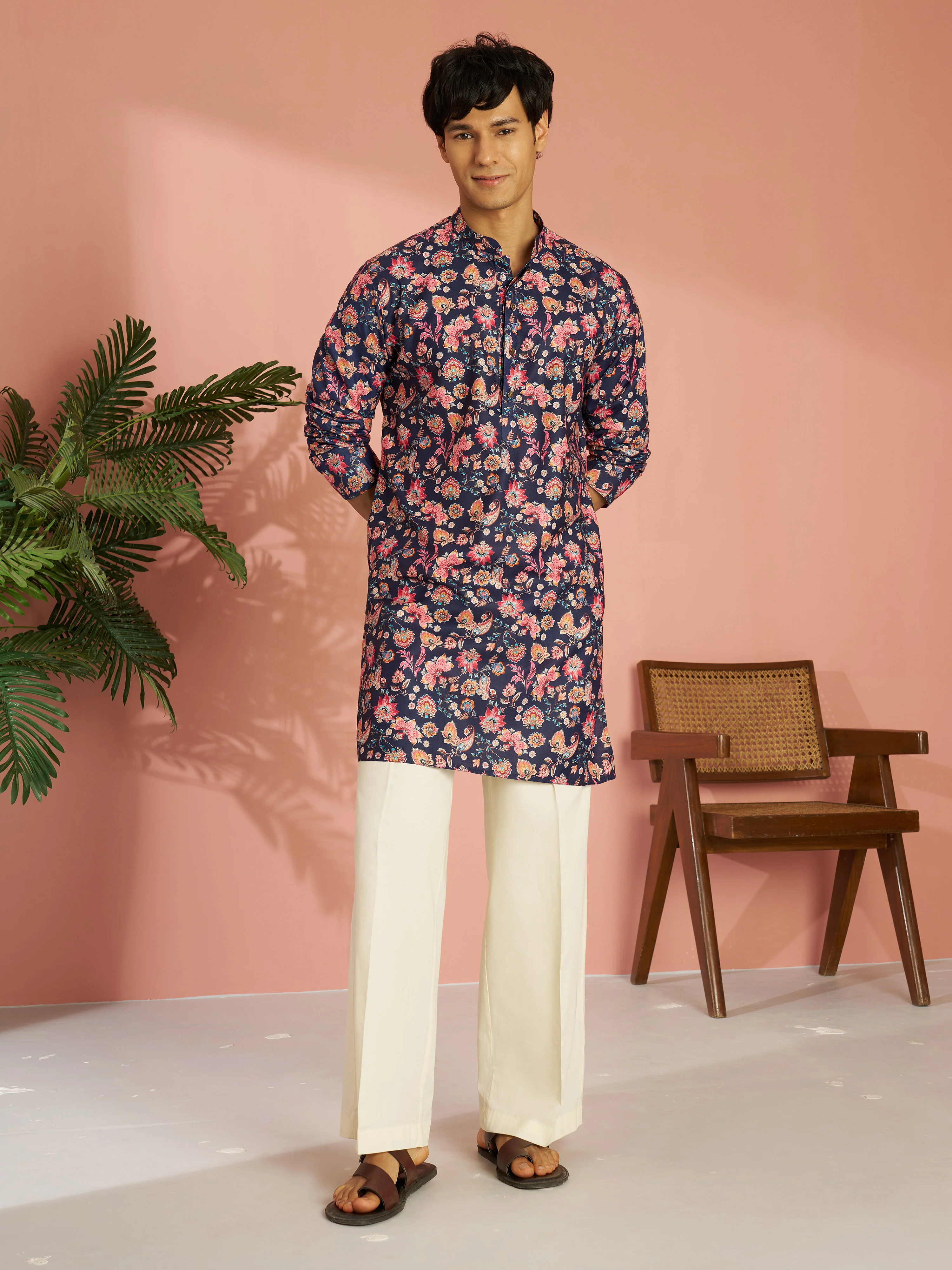Men's Blue Cotton Blend Floral Digital Print Kurta with Cream Wide Leg Pant Set - Image 4