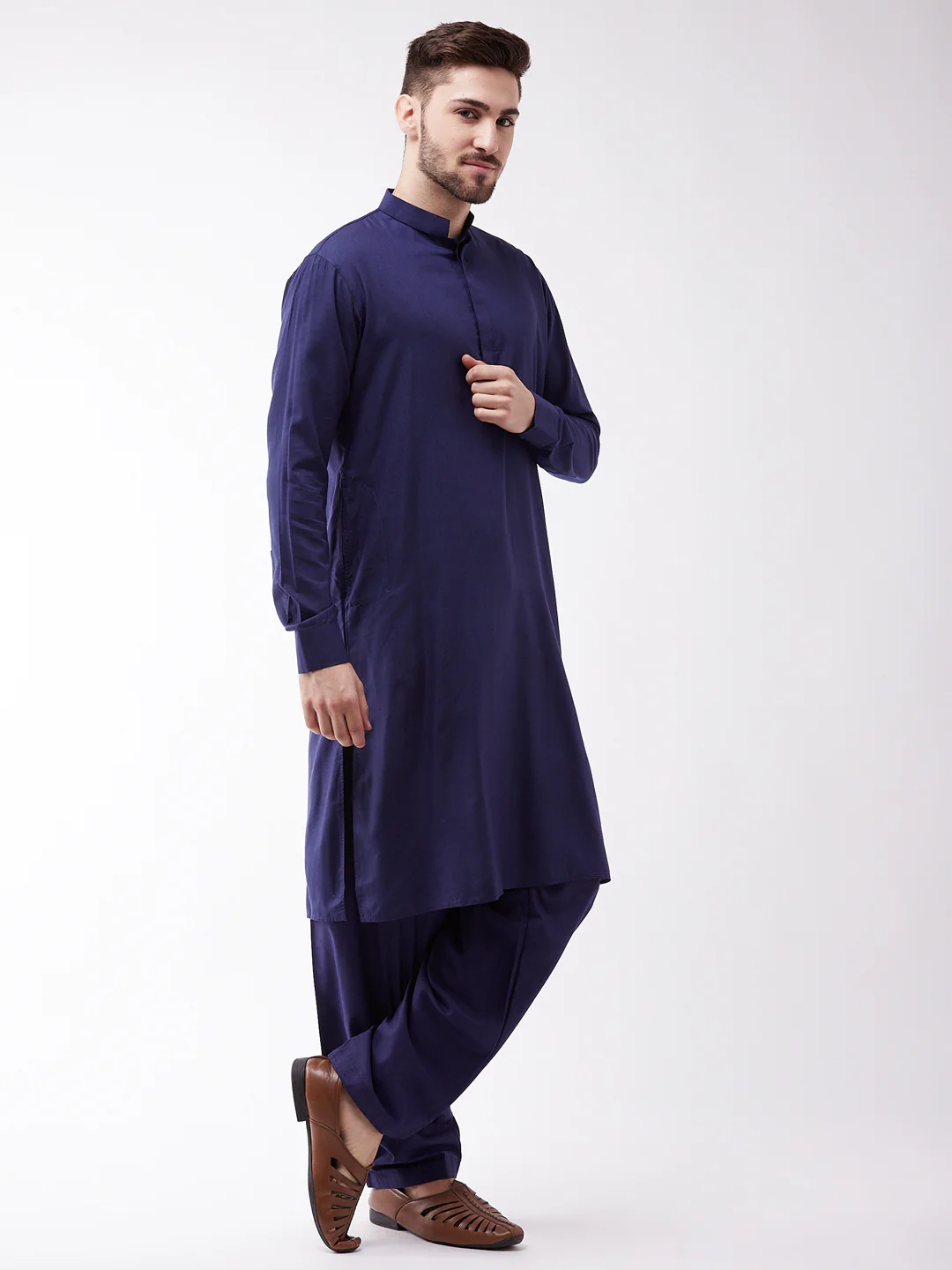 Men's Blue Cotton Blend Kurta and Pyjama Set - Image 2