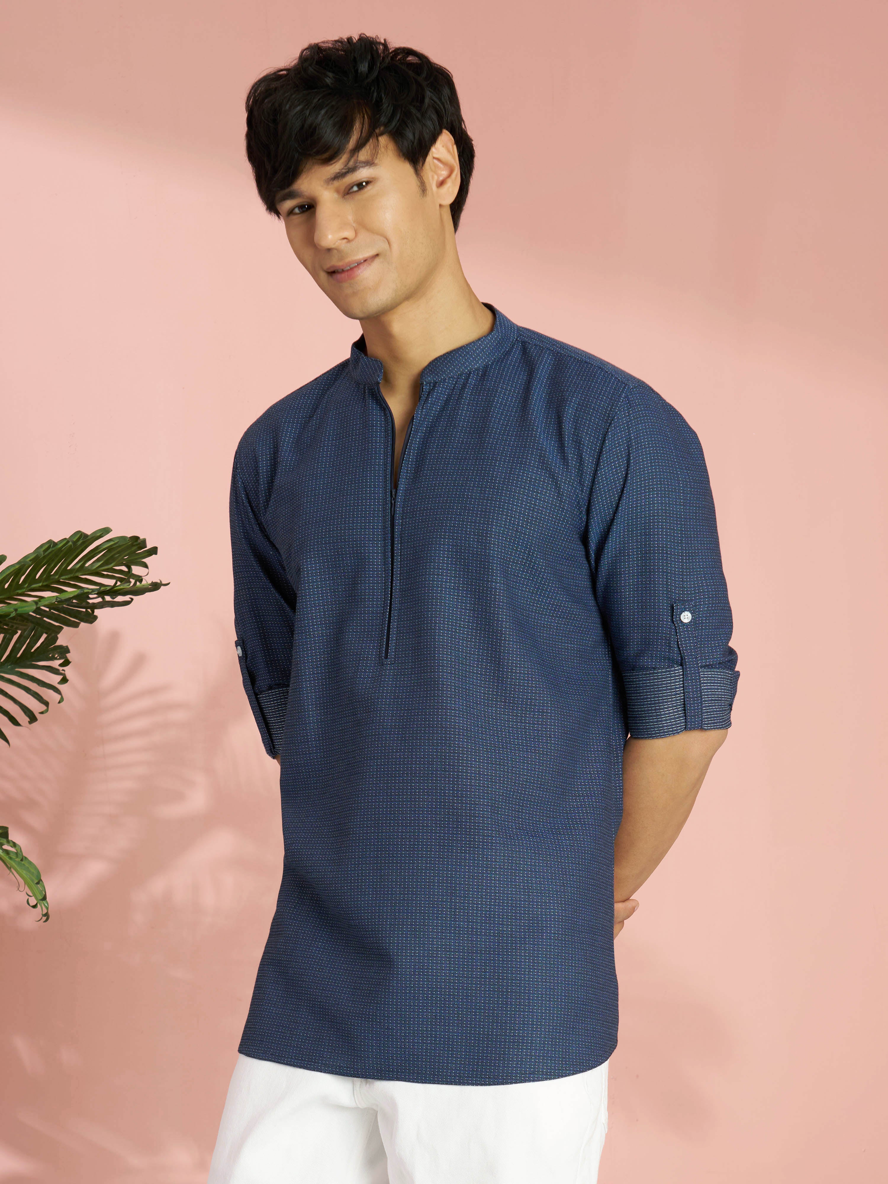 Men's Blue Cotton Jacquard Thread Embroidered Short Kurta with Zip - Image 4