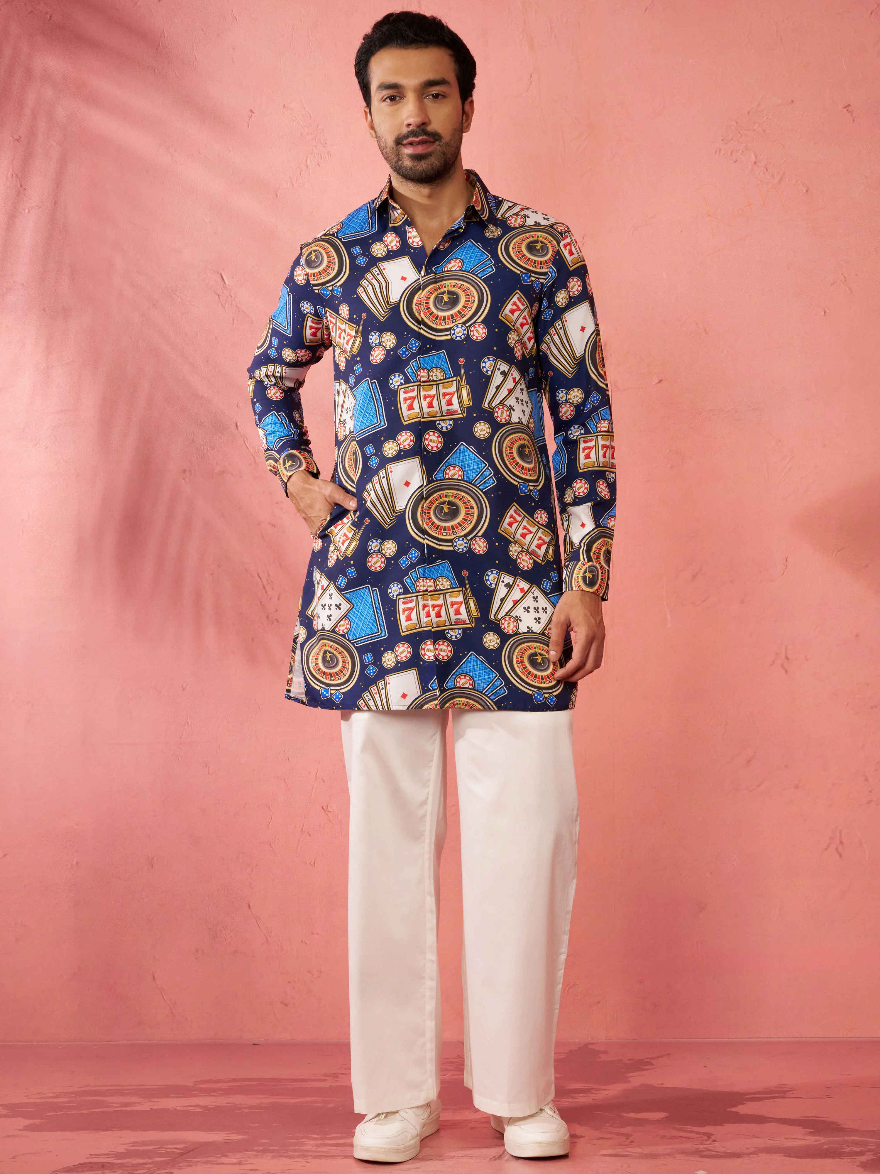 Men's Blue Digital Print Kurta with Cream Palazzo Set - Image 4