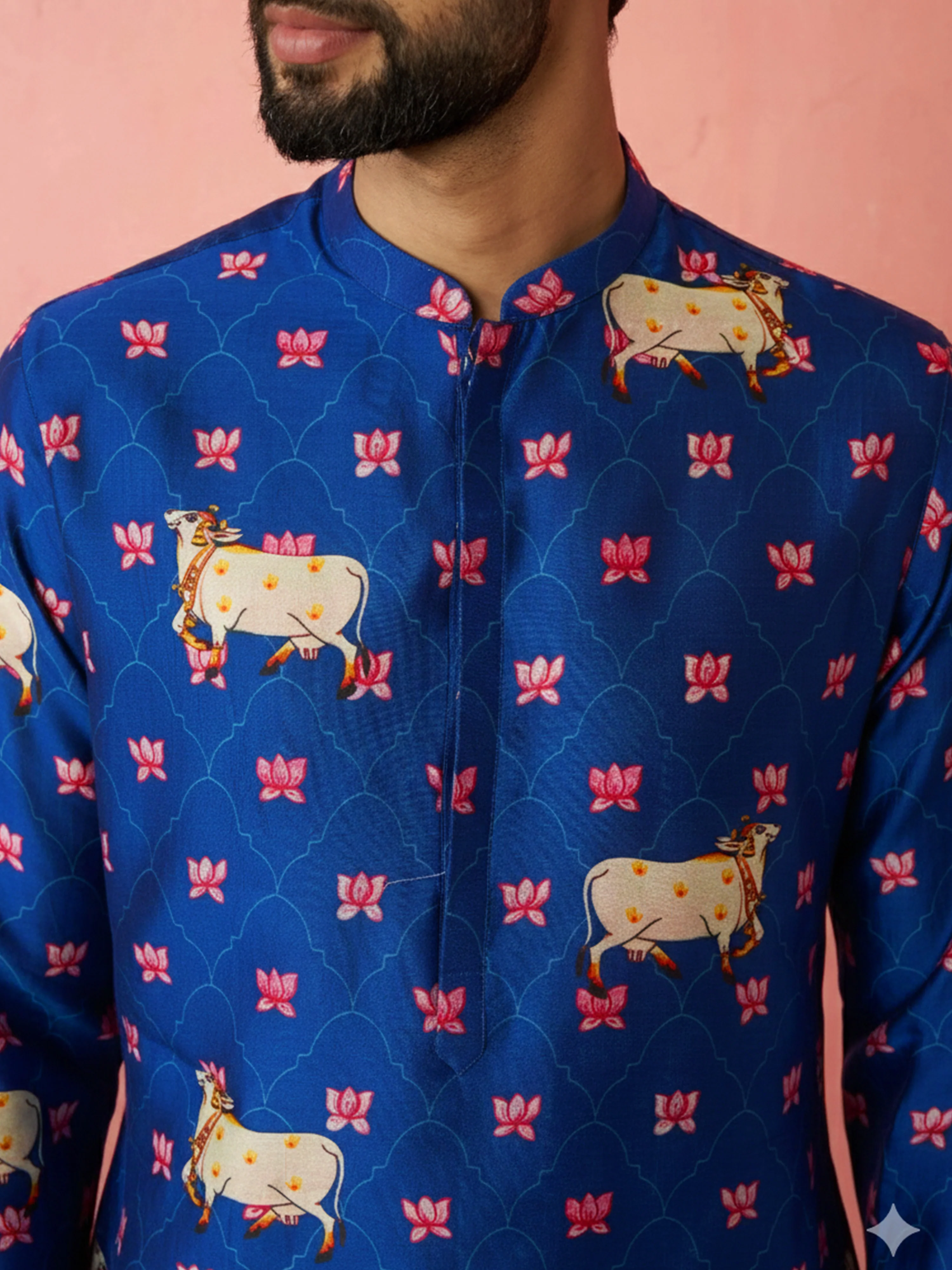 Men's Blue Digital Print Kurta with Cream Satin Palazzo - Image 2