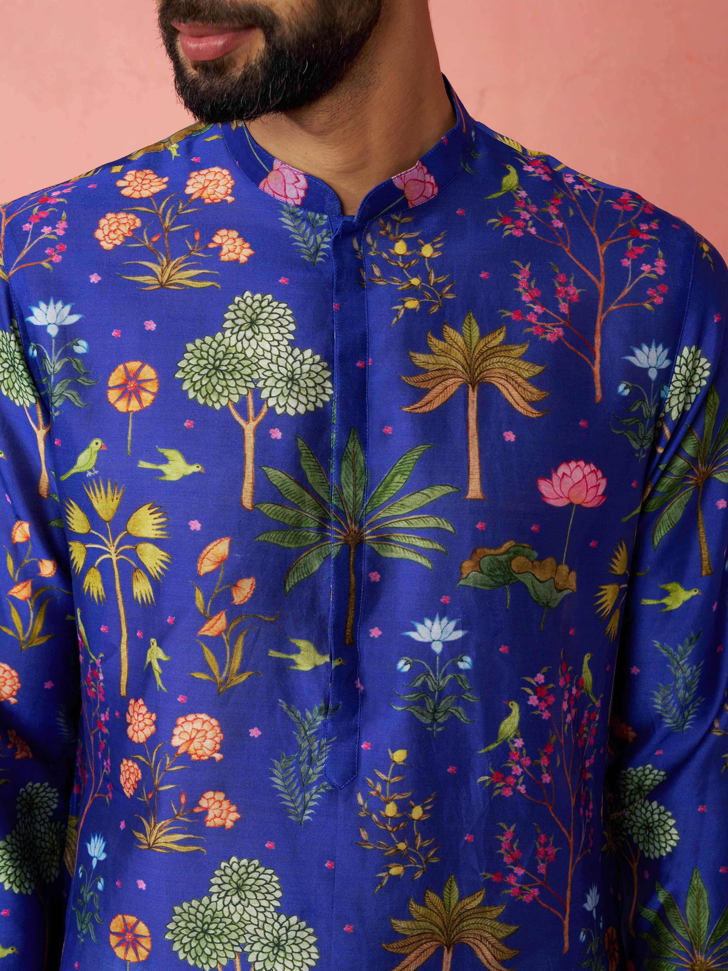 Men's Blue Digital Print Kurta with Cream Satin Palazzo - Image 2