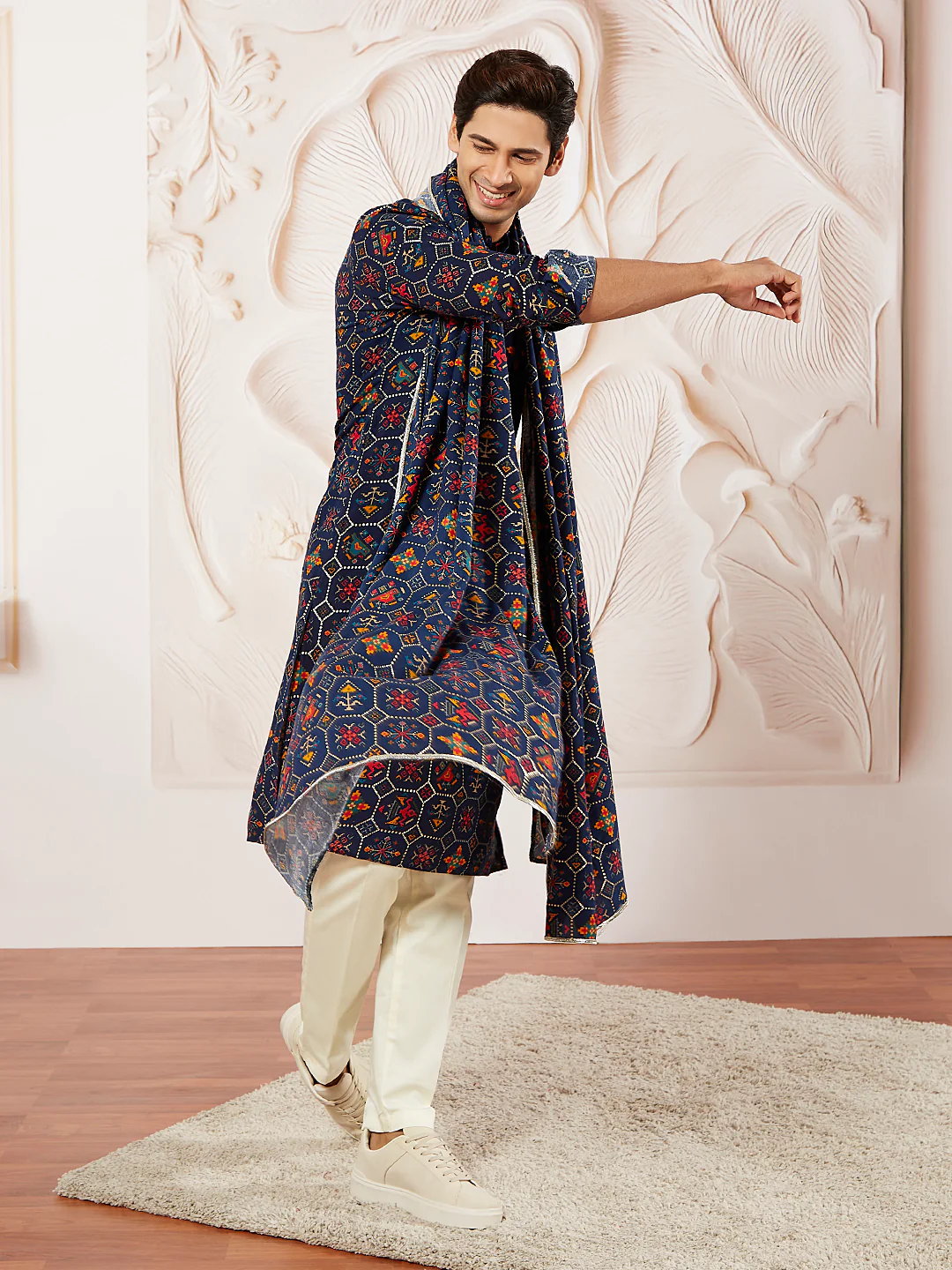 Men's Blue Rayon Printed Dupatta with Lace Detailing - Image 4
