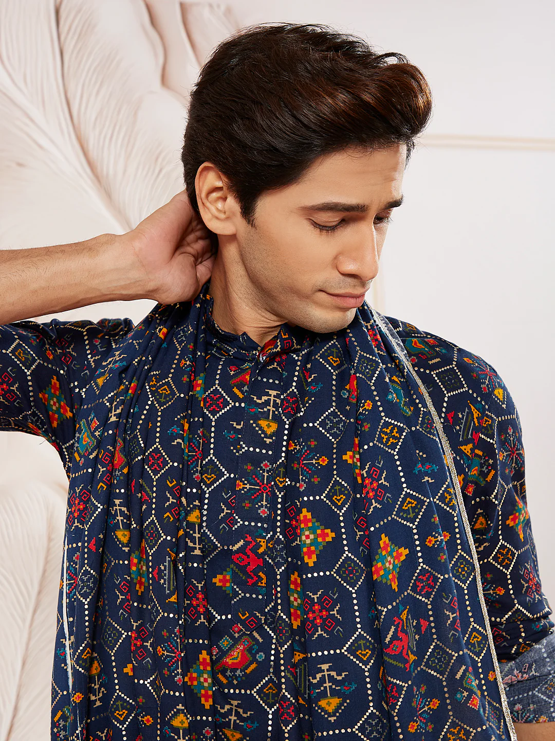 Men's Blue Rayon Printed Dupatta with Lace Detailing - Image 5