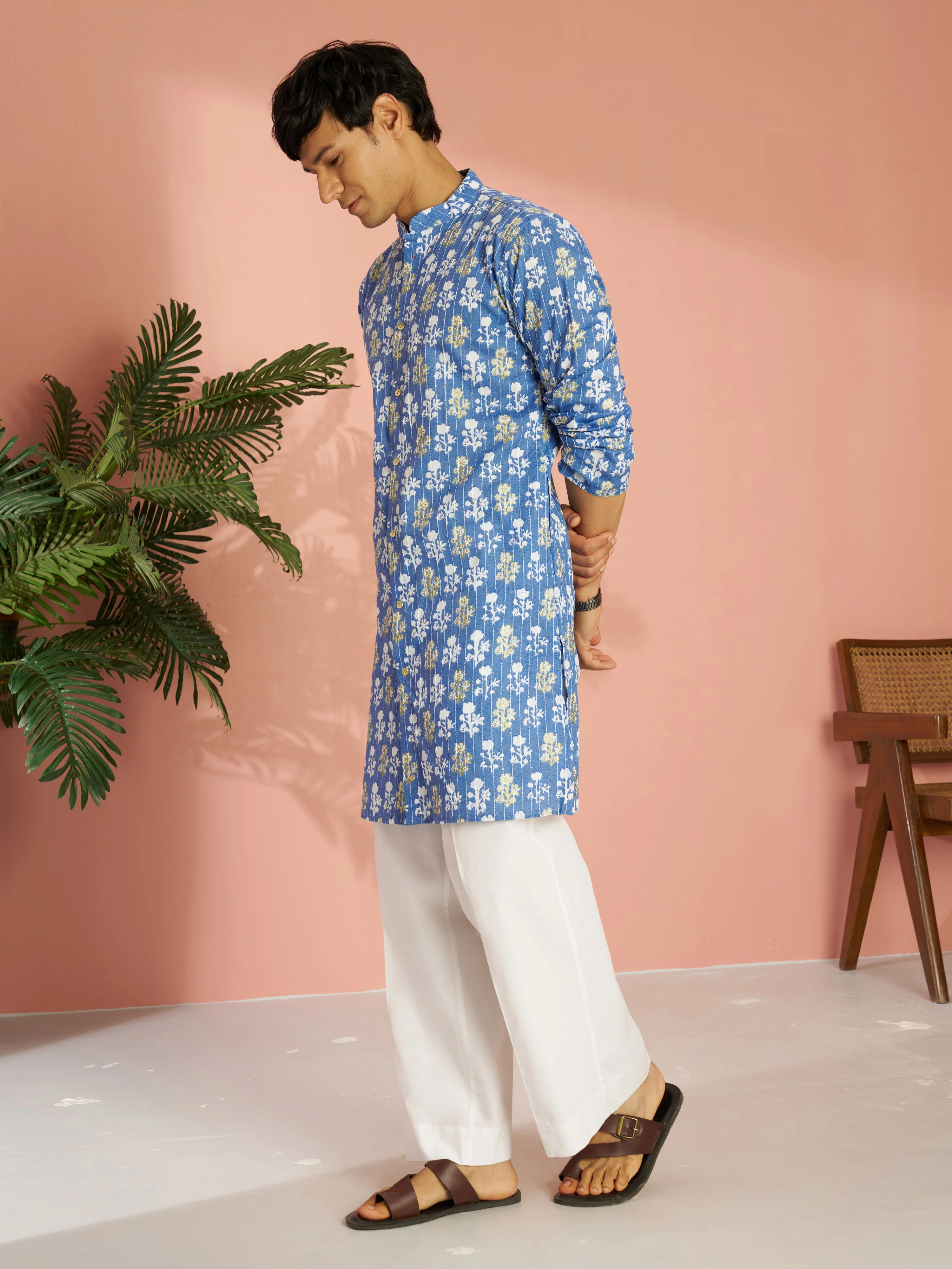 Men's Blue Silk Blend Floral Printed Embroidered Kurta with White Wide Leg Pant Set - Image 3