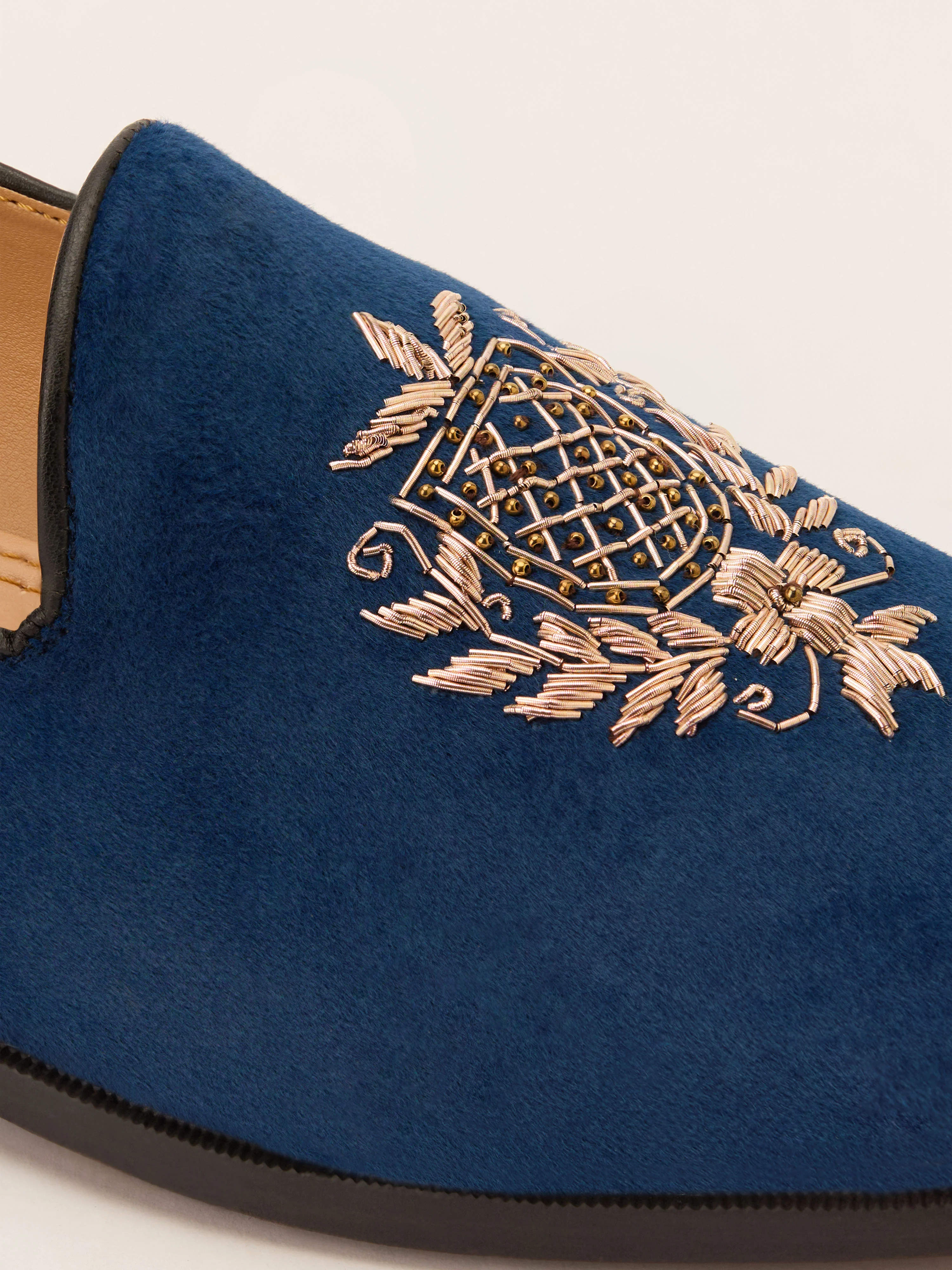Men's Blue Velvet Zardozi Crest Loafer | Gold Shield & Laurel Wreath Motif | Golden Beads | Almond Toe | TPR Sole - Image 2