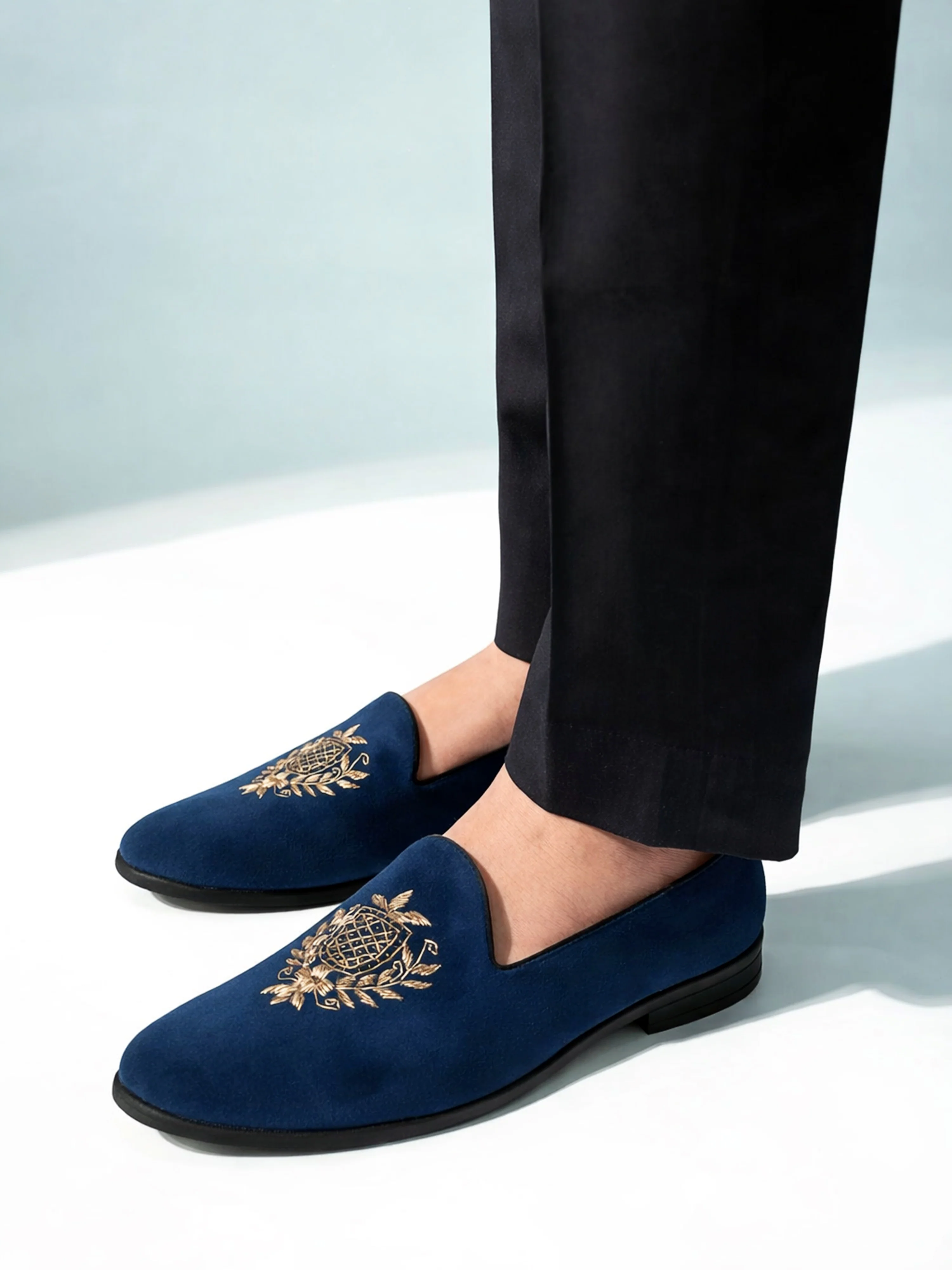 Men's Blue Velvet Zardozi Crest Loafer | Gold Shield & Laurel Wreath Motif | Golden Beads | Almond Toe | TPR Sole - Image 3