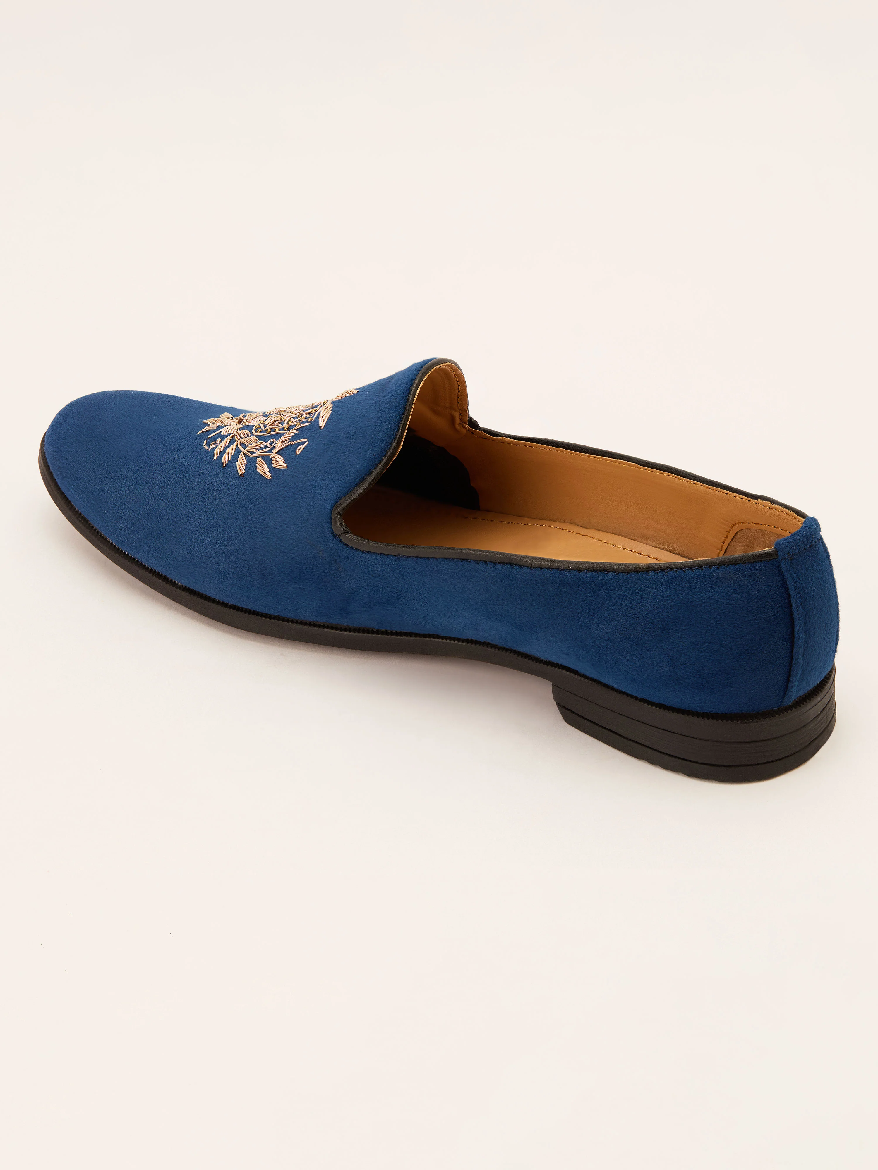 Men's Blue Velvet Zardozi Crest Loafer | Gold Shield & Laurel Wreath Motif | Golden Beads | Almond Toe | TPR Sole - Image 4