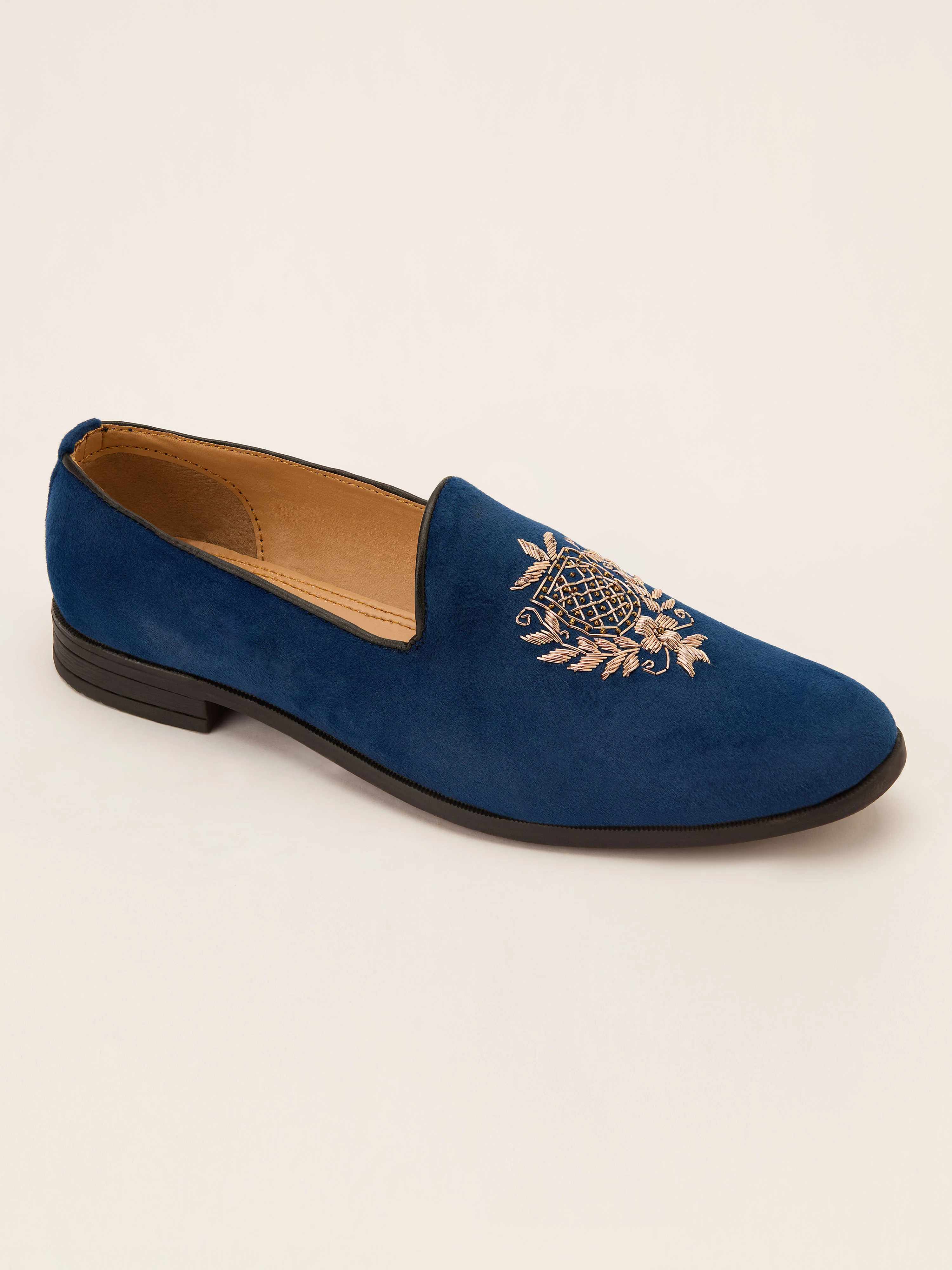 Men's Blue Velvet Zardozi Crest Loafer | Gold Shield & Laurel Wreath Motif | Golden Beads | Almond Toe | TPR Sole - Image 5
