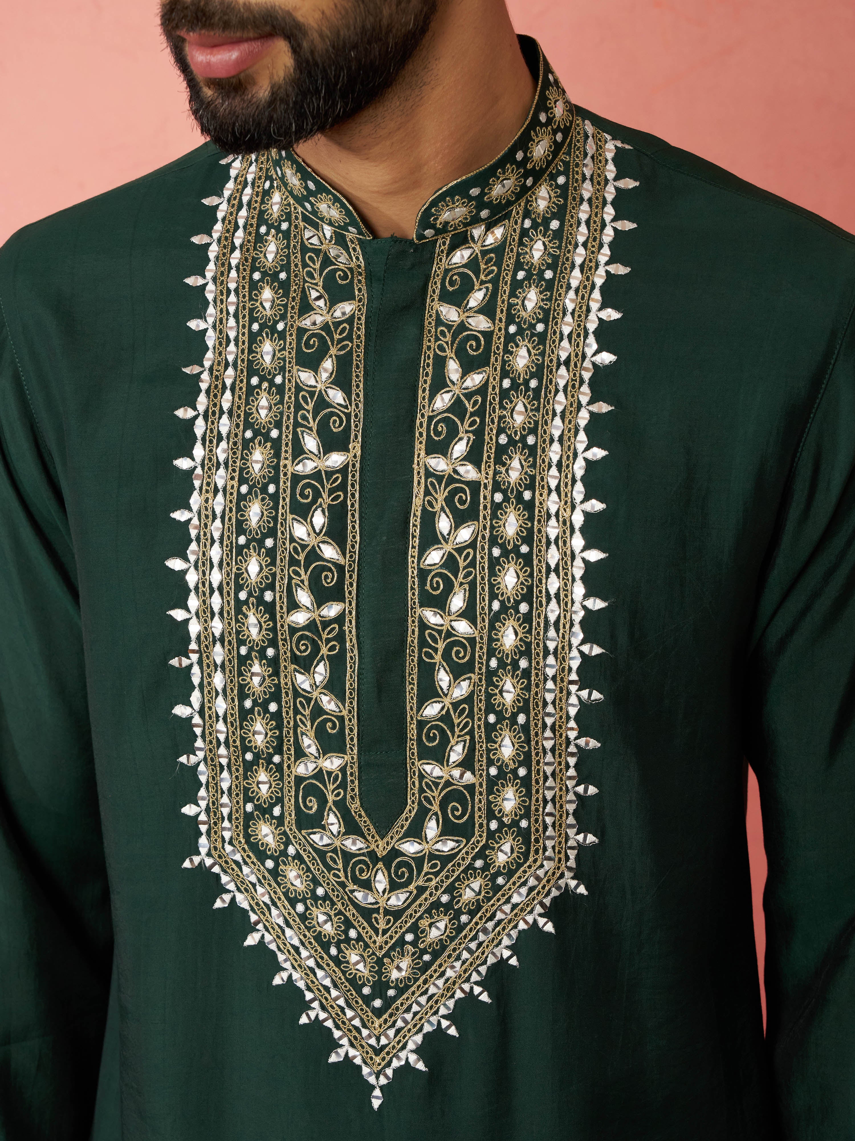 Men's Bottle Green Chanderi Kurta Set with Cream Pant - Image 2