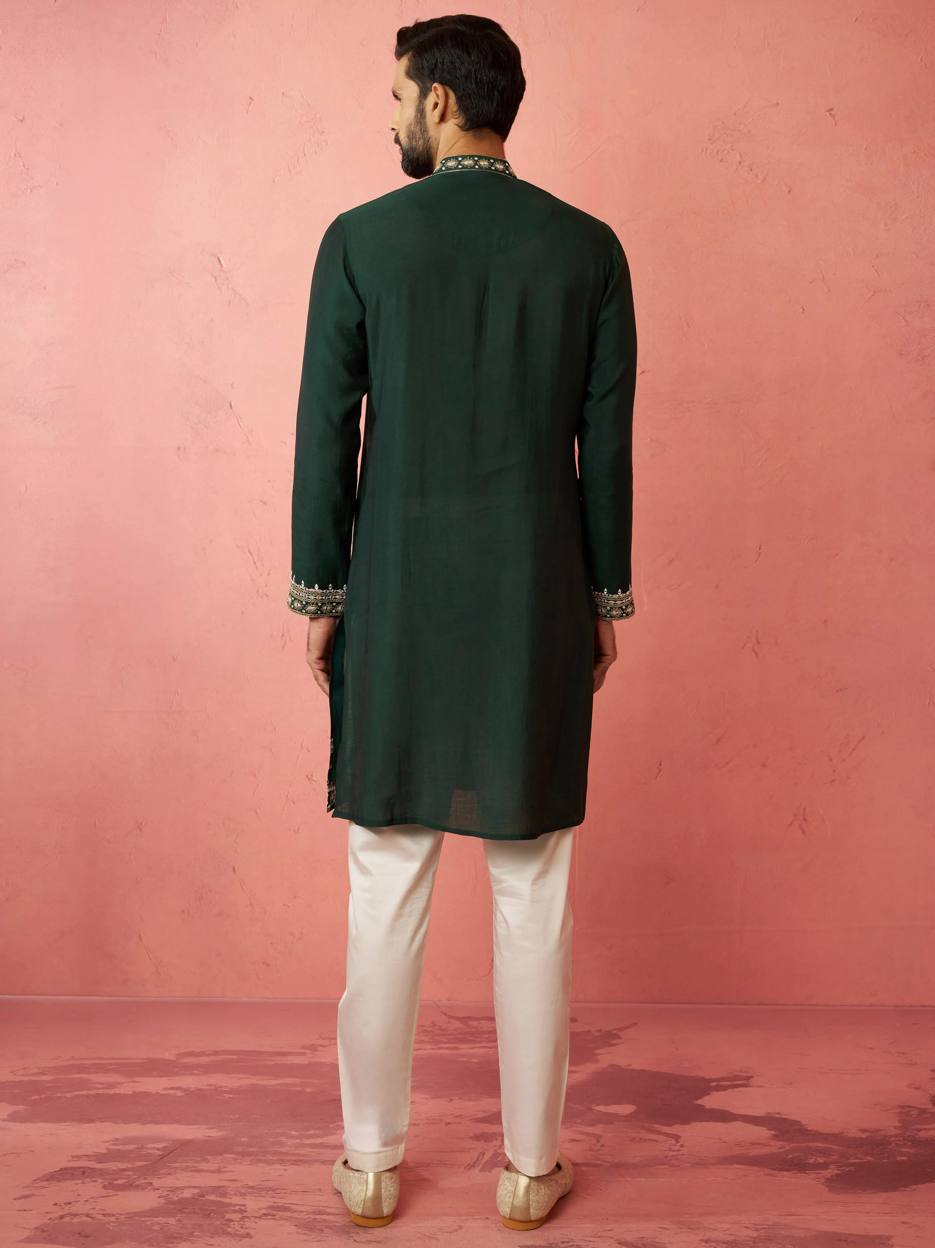 Men's Bottle Green Chanderi Kurta Set with Cream Pyjama - Image 5