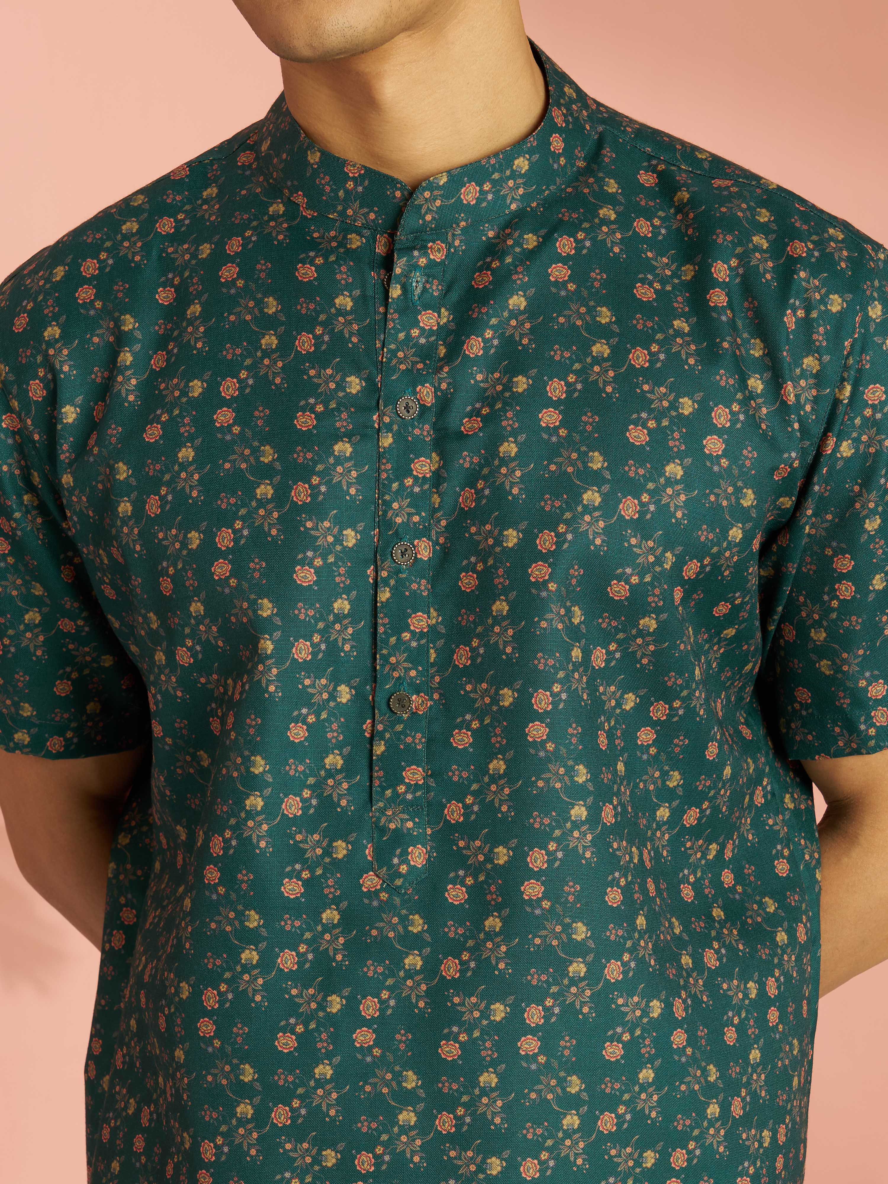 Men's Bottle Green Cotton Blend Floral Printed Half Sleeve Short Kurta - Image 2