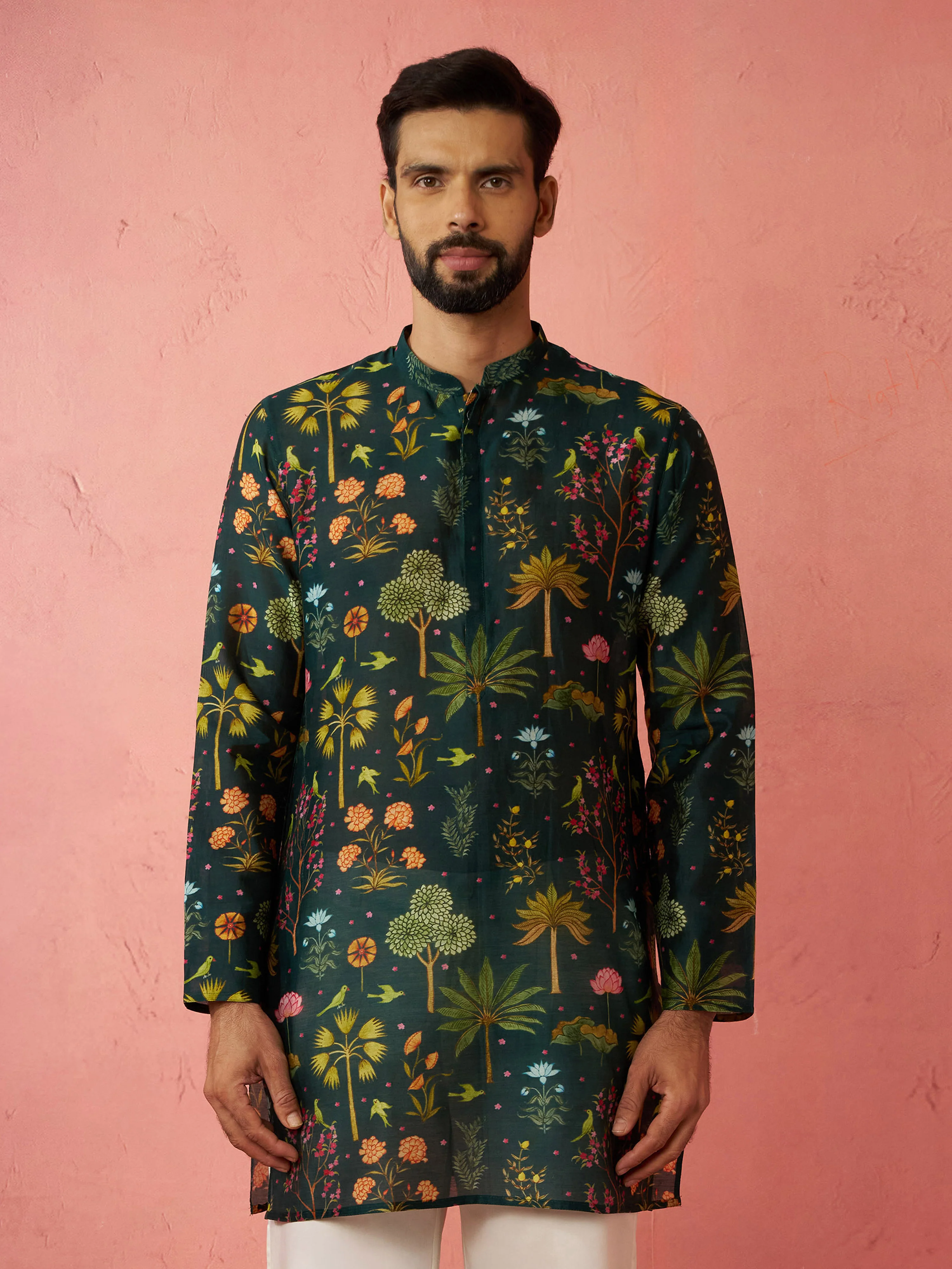 Men's Bottle Green Digital Print Kurta - Image 3