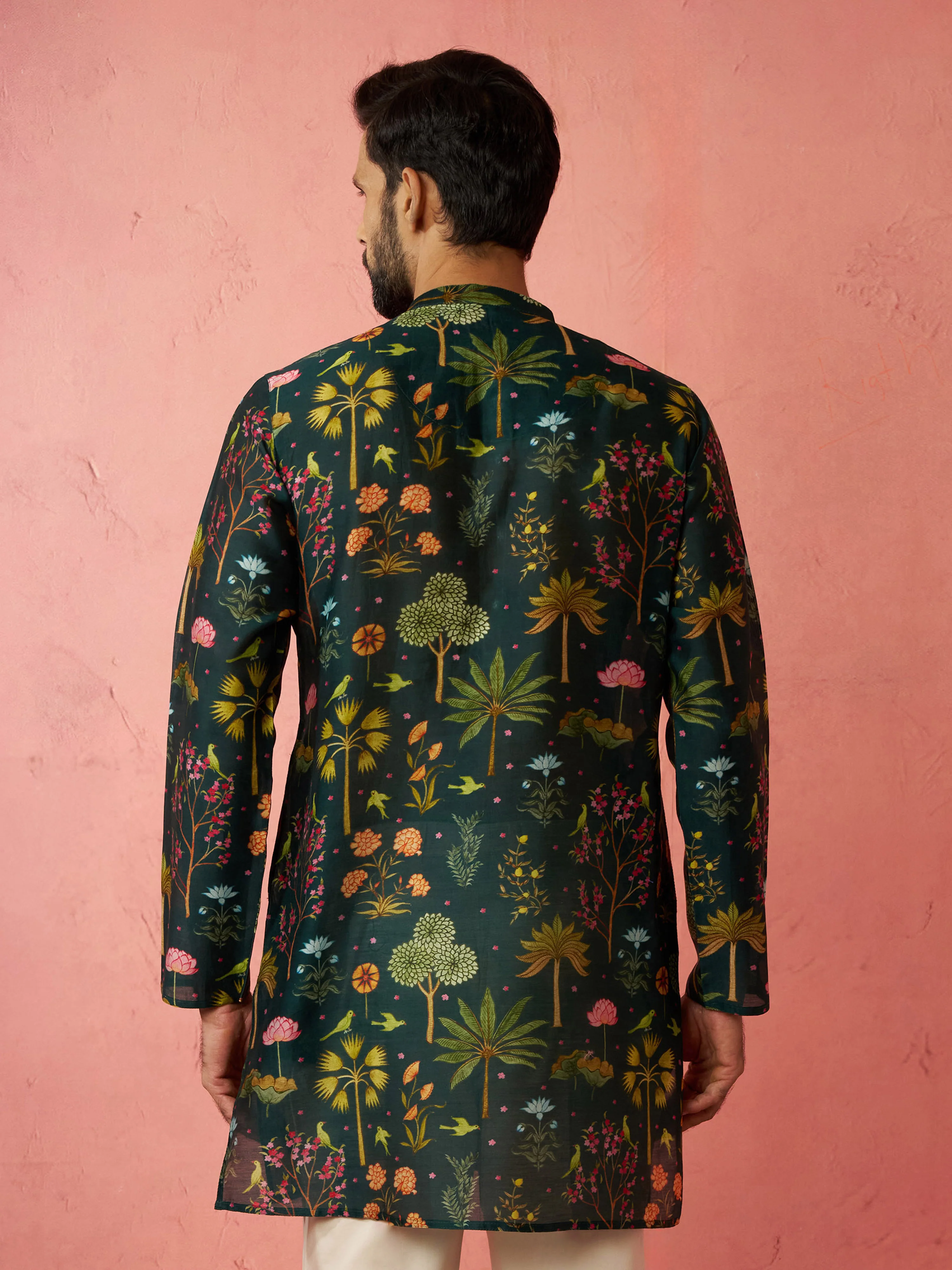Men's Bottle Green Digital Print Kurta - Image 5