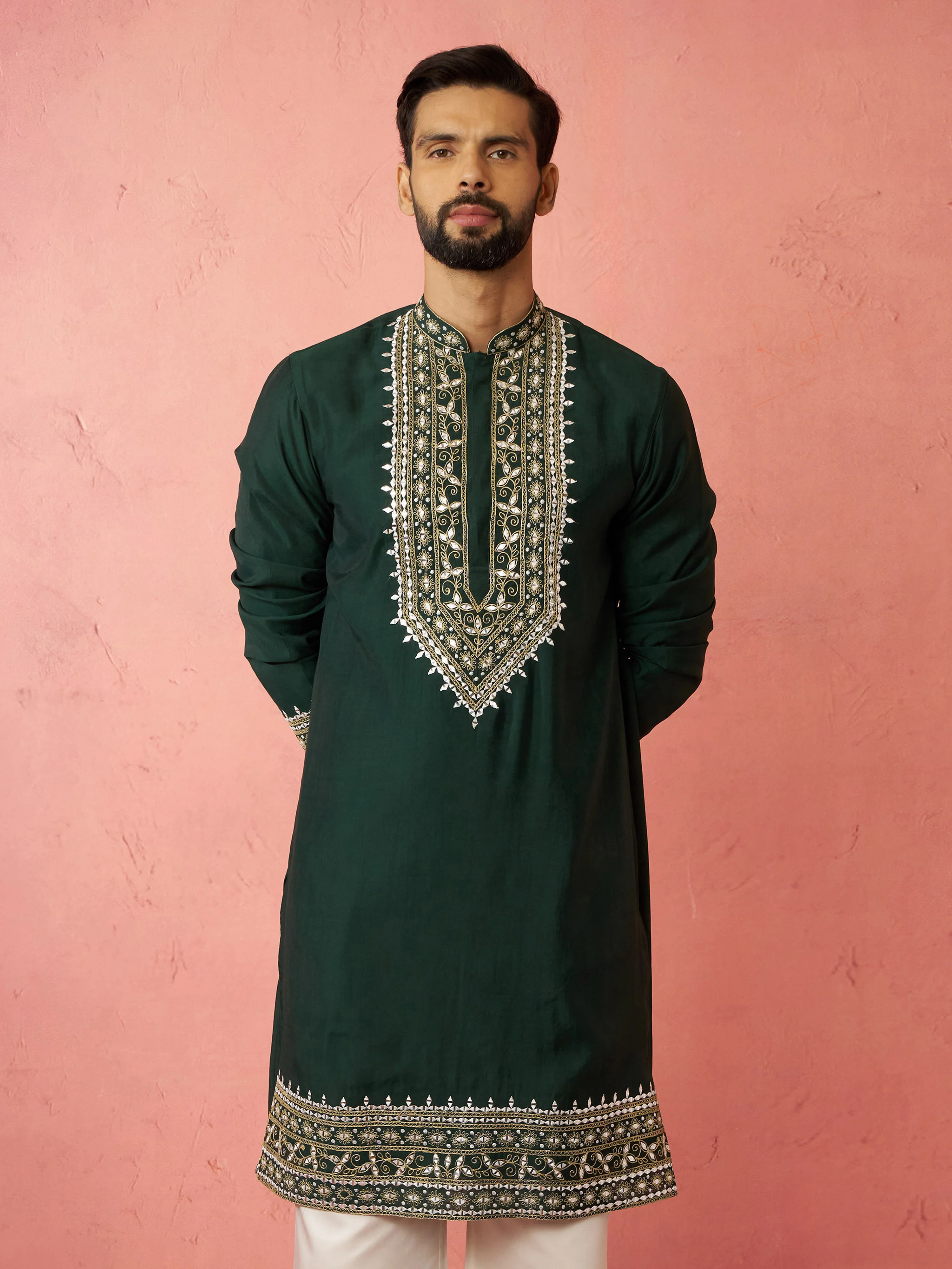 Men's Bottle Green Modal Chanderi Kurta - Image 3