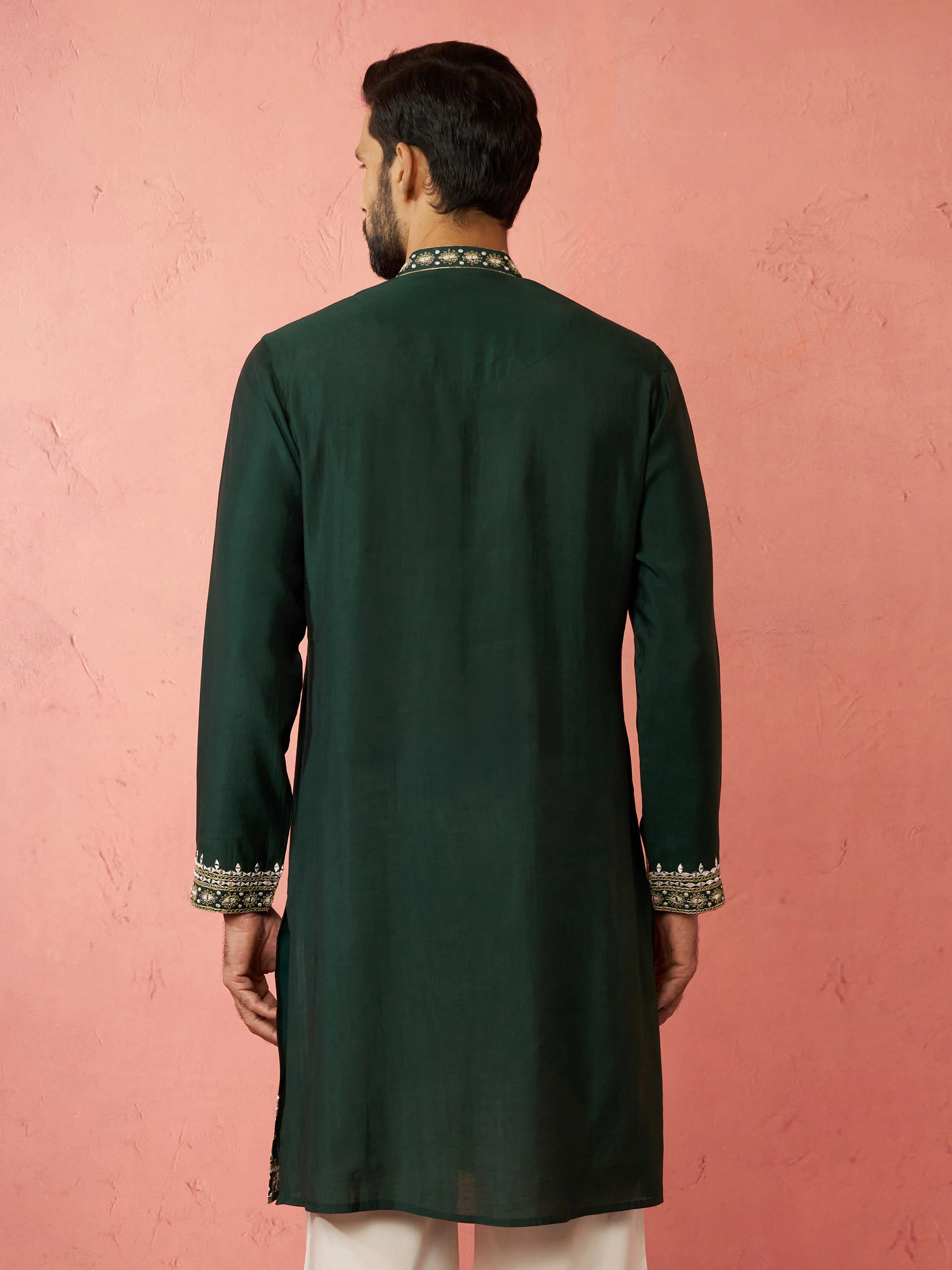 Men's Bottle Green Modal Chanderi Kurta - Image 5
