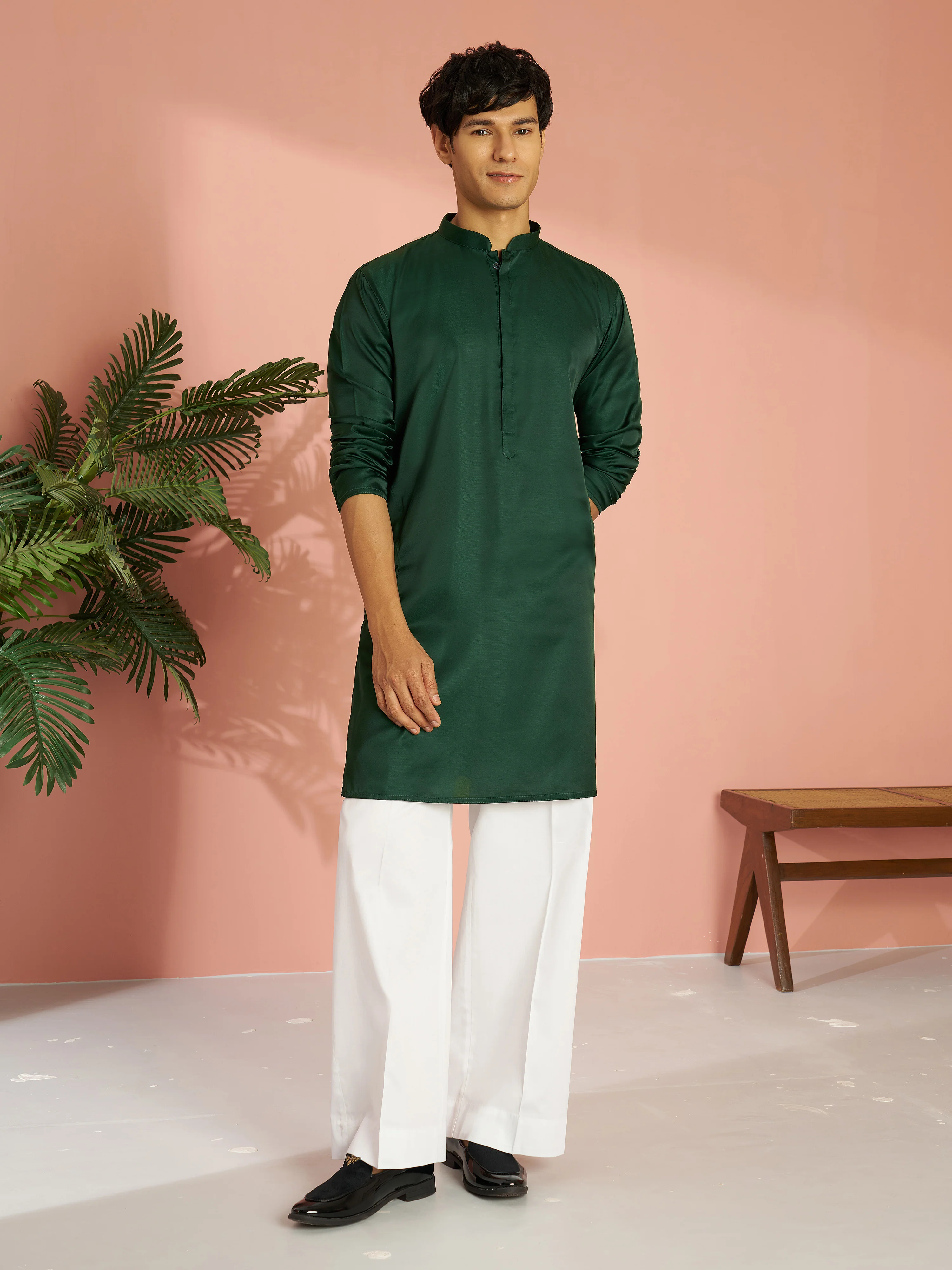 Men's Bottle Green Silk Blend Solid Kurta with Cream Fine Satin Wide Leg Pant Set - Image 4