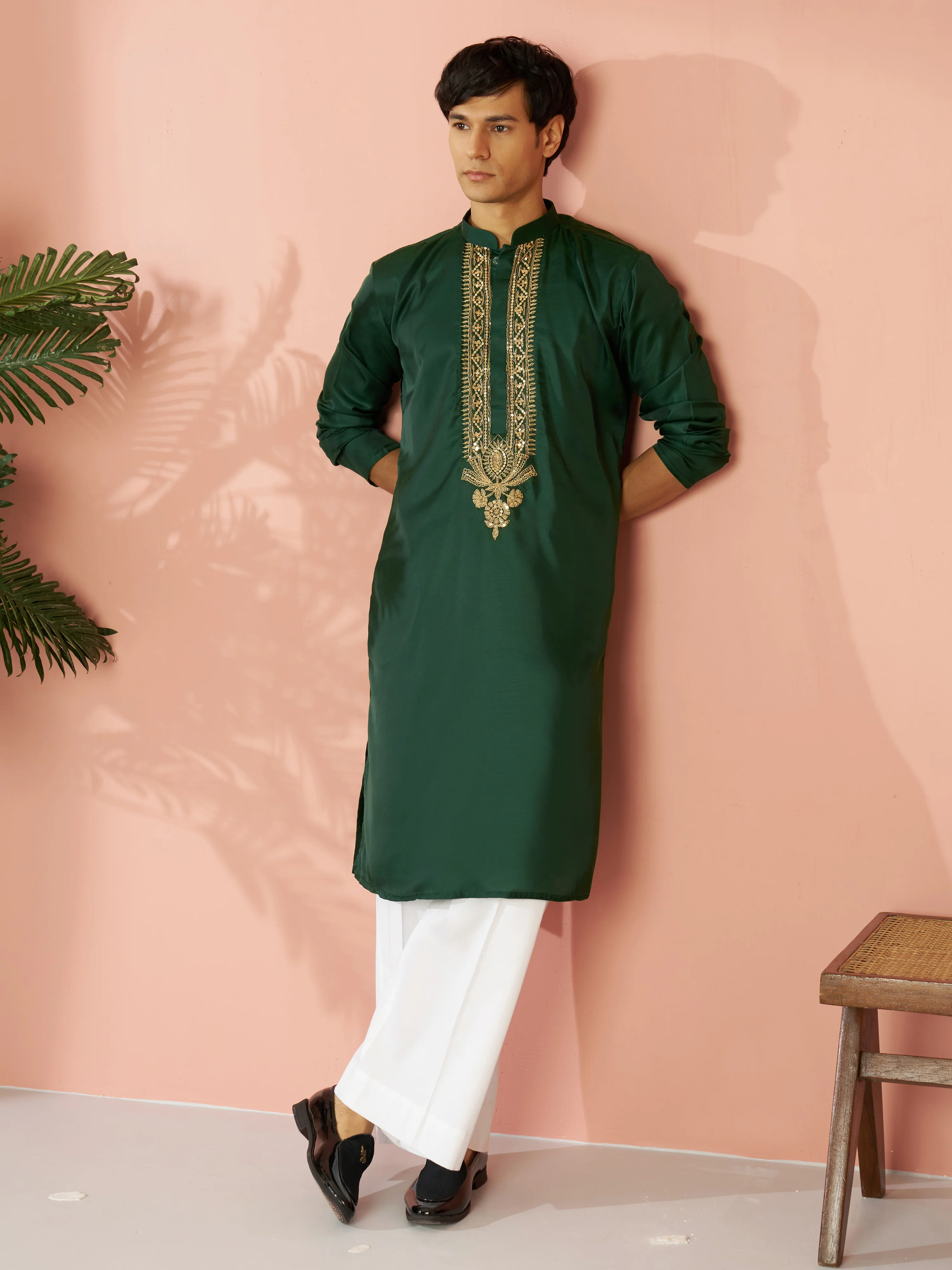 Men's Bottle Green Silk Blend Zari Embroidered Kurta with Cream Fine Satin Wide Leg Pant Set