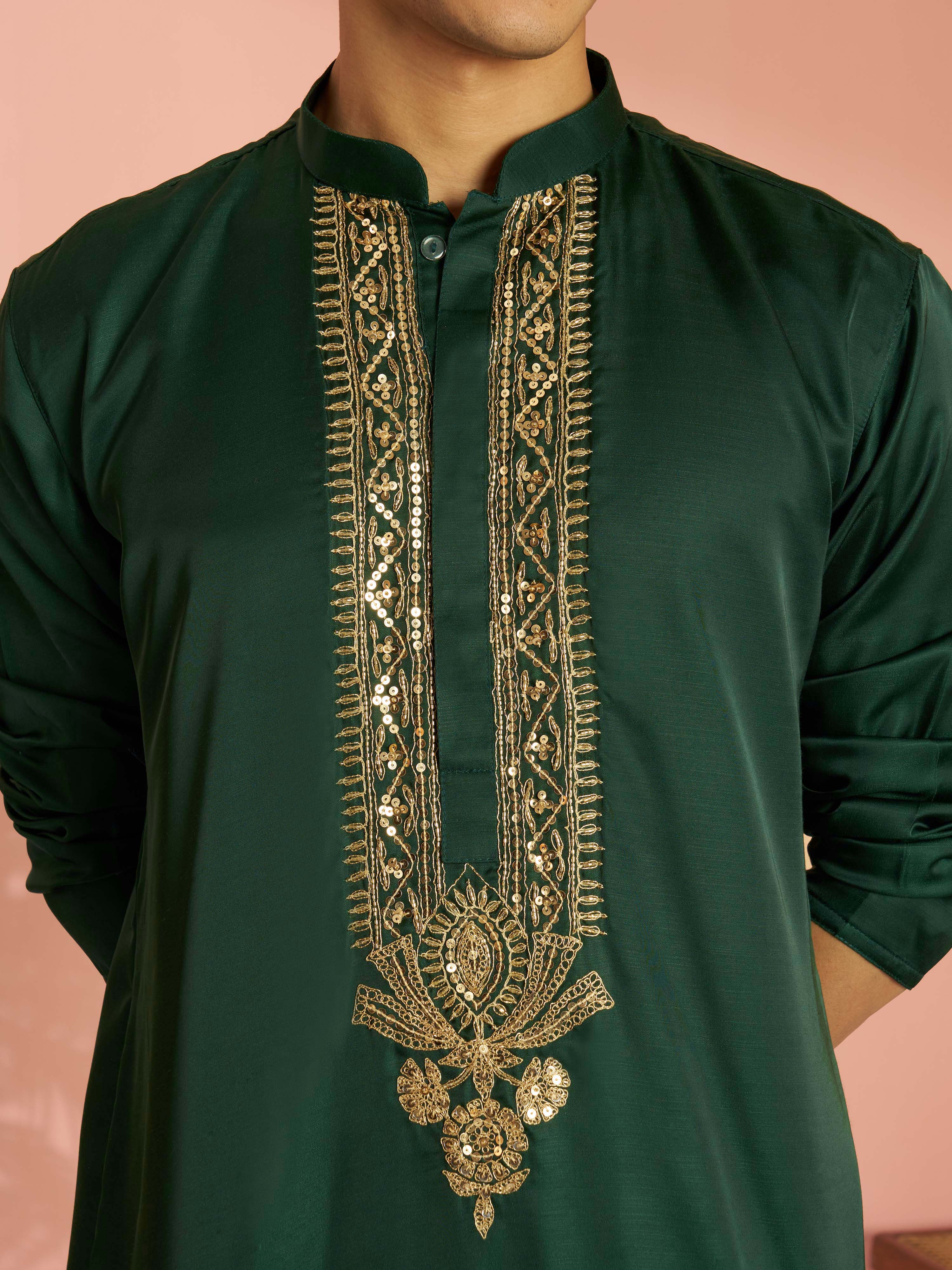 Men's Bottle Green Silk Blend Zari Embroidered Kurta with Cream Fine Satin Wide Leg Pant Set - Image 2