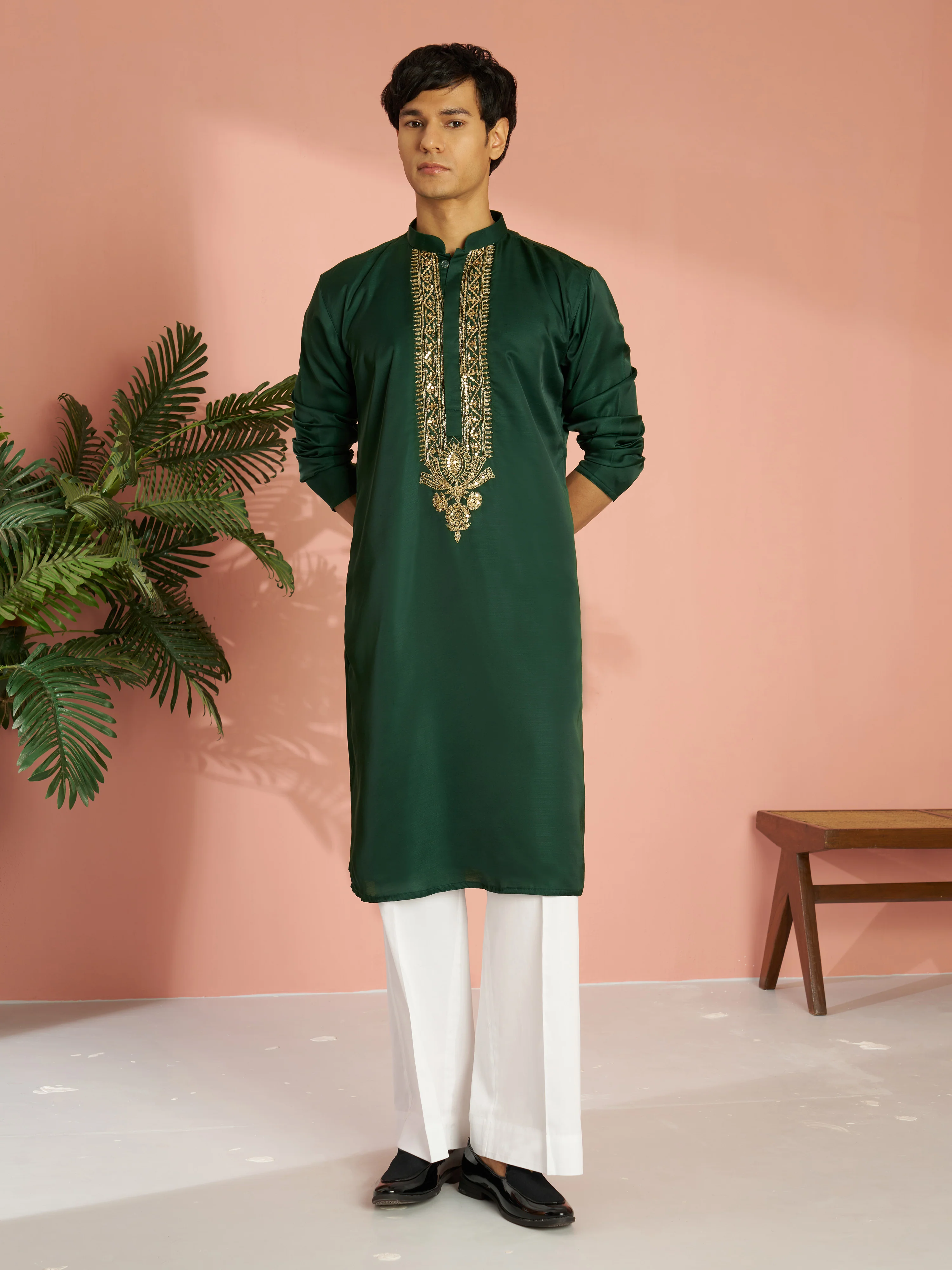 Men's Bottle Green Silk Blend Zari Embroidered Kurta with Cream Fine Satin Wide Leg Pant Set - Image 3