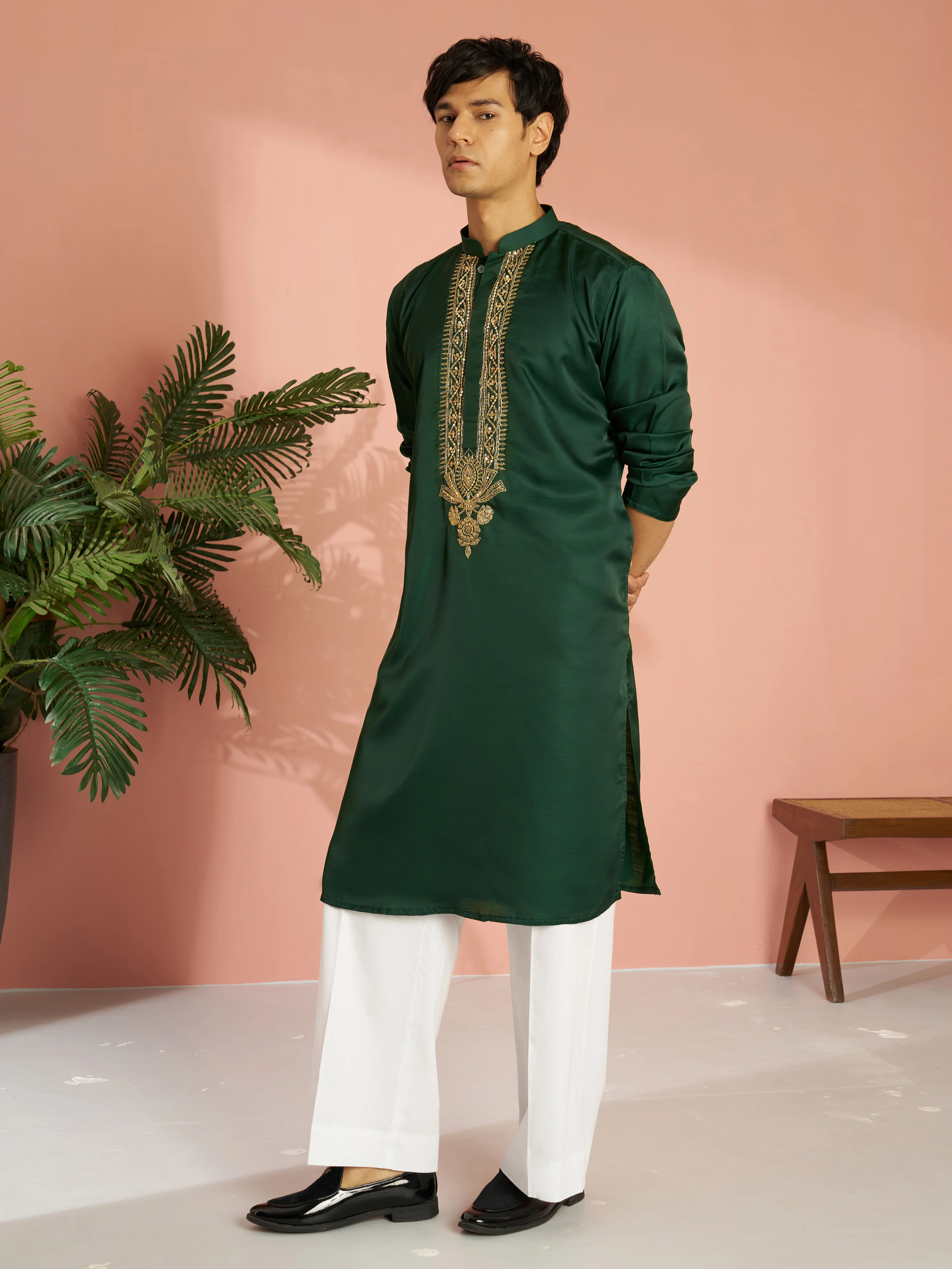 Men's Bottle Green Silk Blend Zari Embroidered Kurta with Cream Fine Satin Wide Leg Pant Set - Image 4