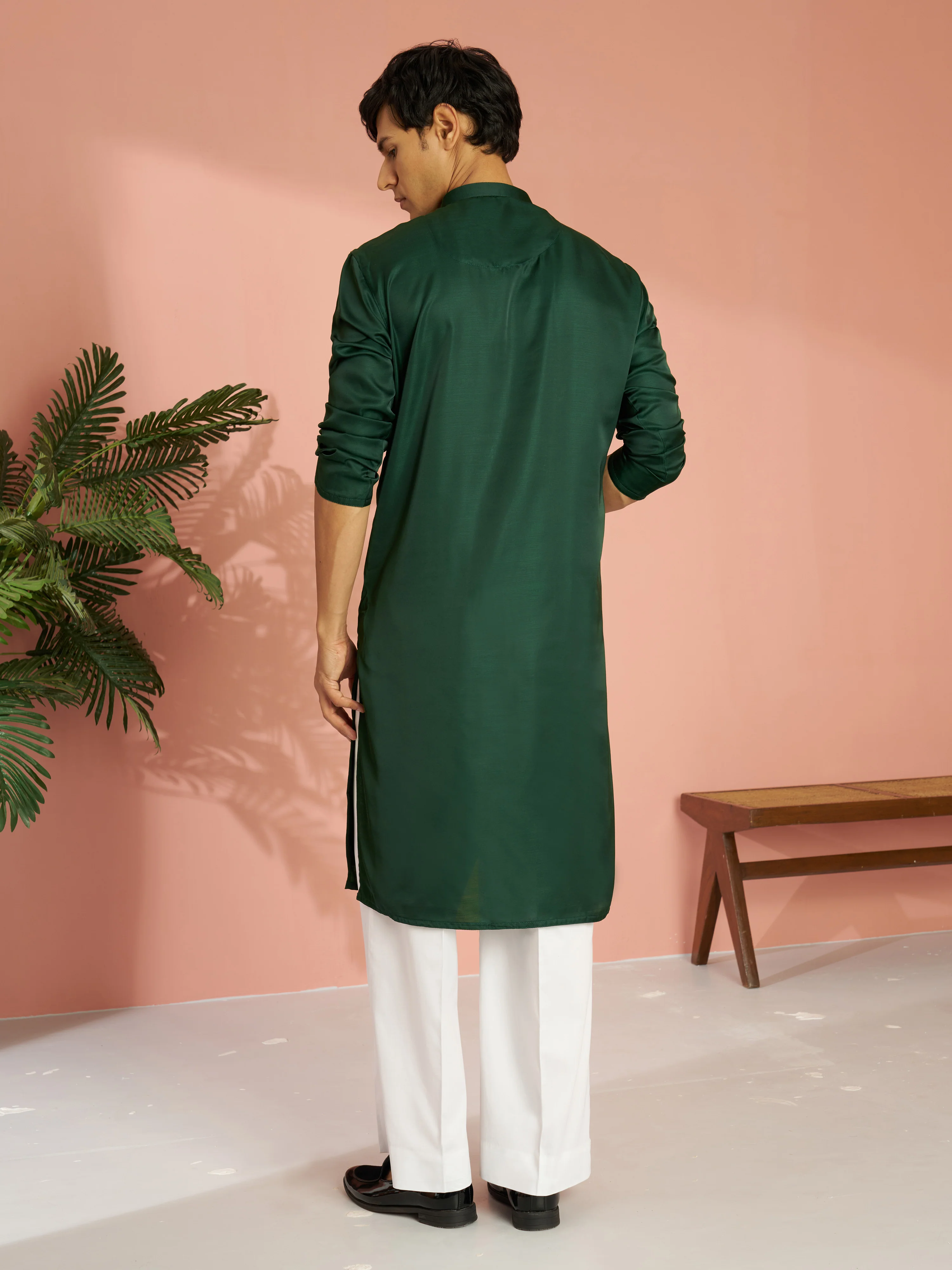 Men's Bottle Green Silk Blend Zari Embroidered Kurta with Cream Fine Satin Wide Leg Pant Set - Image 5