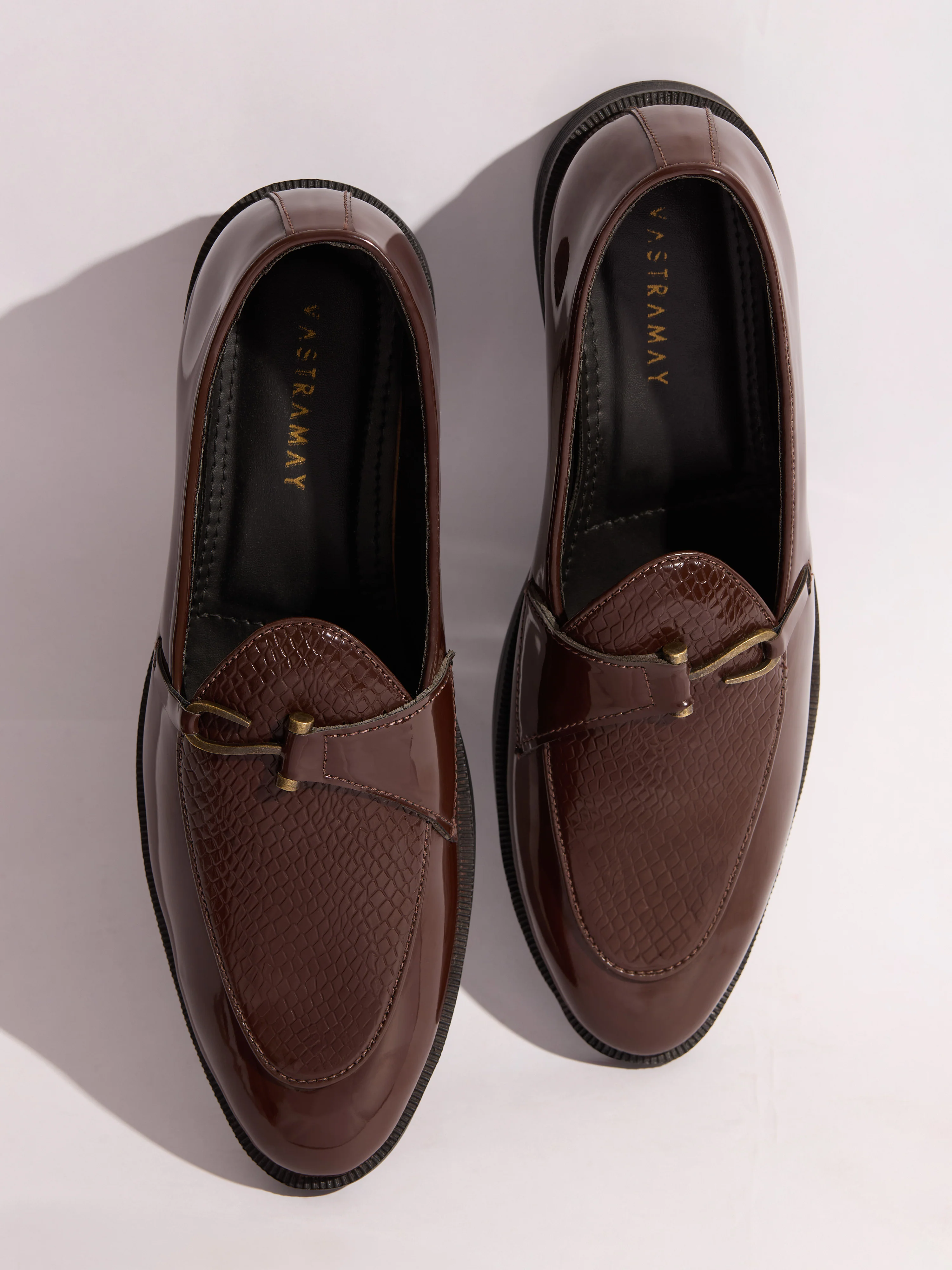 Men's Brown Patent Croc-Embossed Buckle Loafer | Brass-Toned Metallic Strap | High-Shine Finish | Almond Toe | Airmix Sole