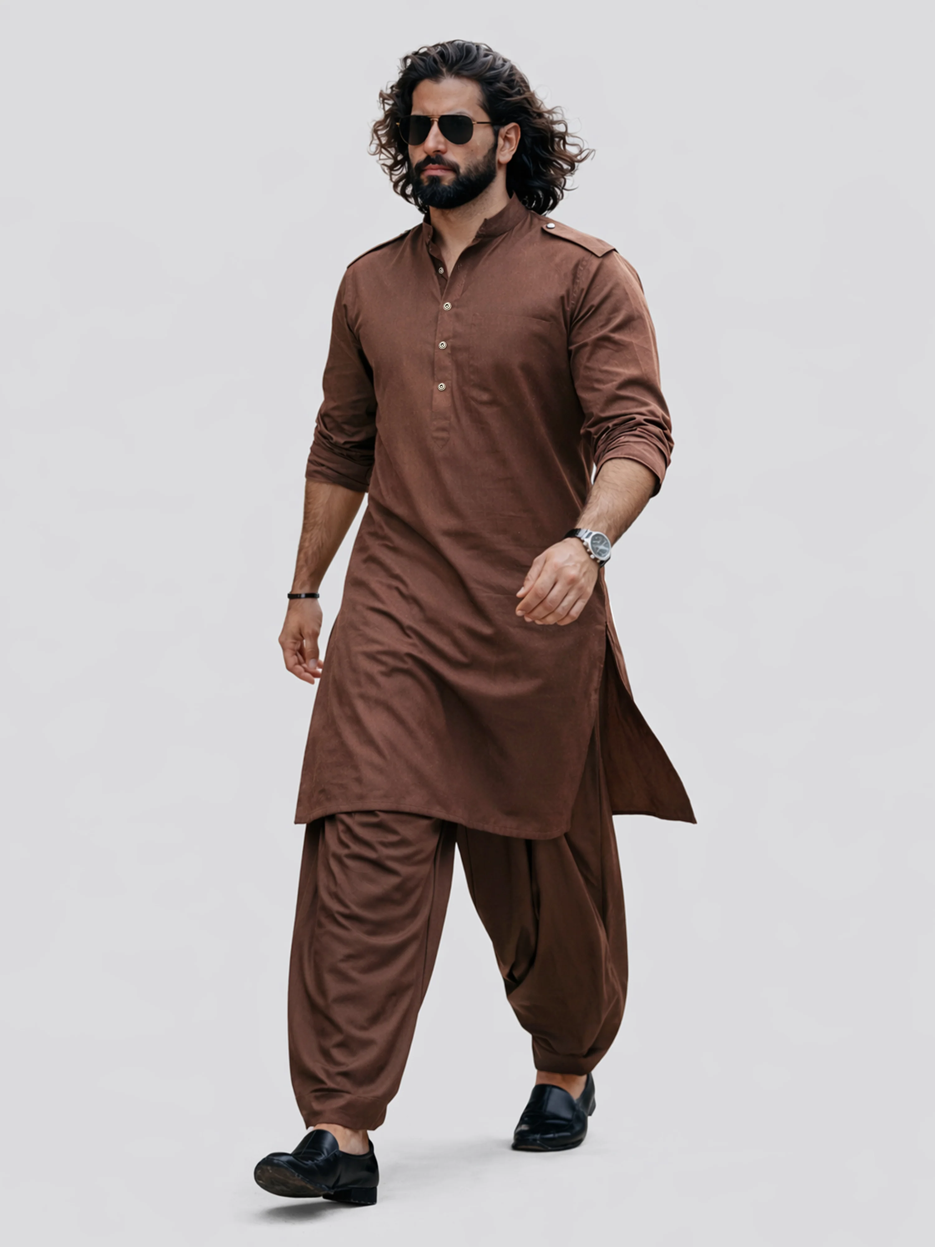 Men's Coffee Brown Swiss Slub Cotton Pathani Kurta with Coffee Brown Silk Blend Patiala - Image 4